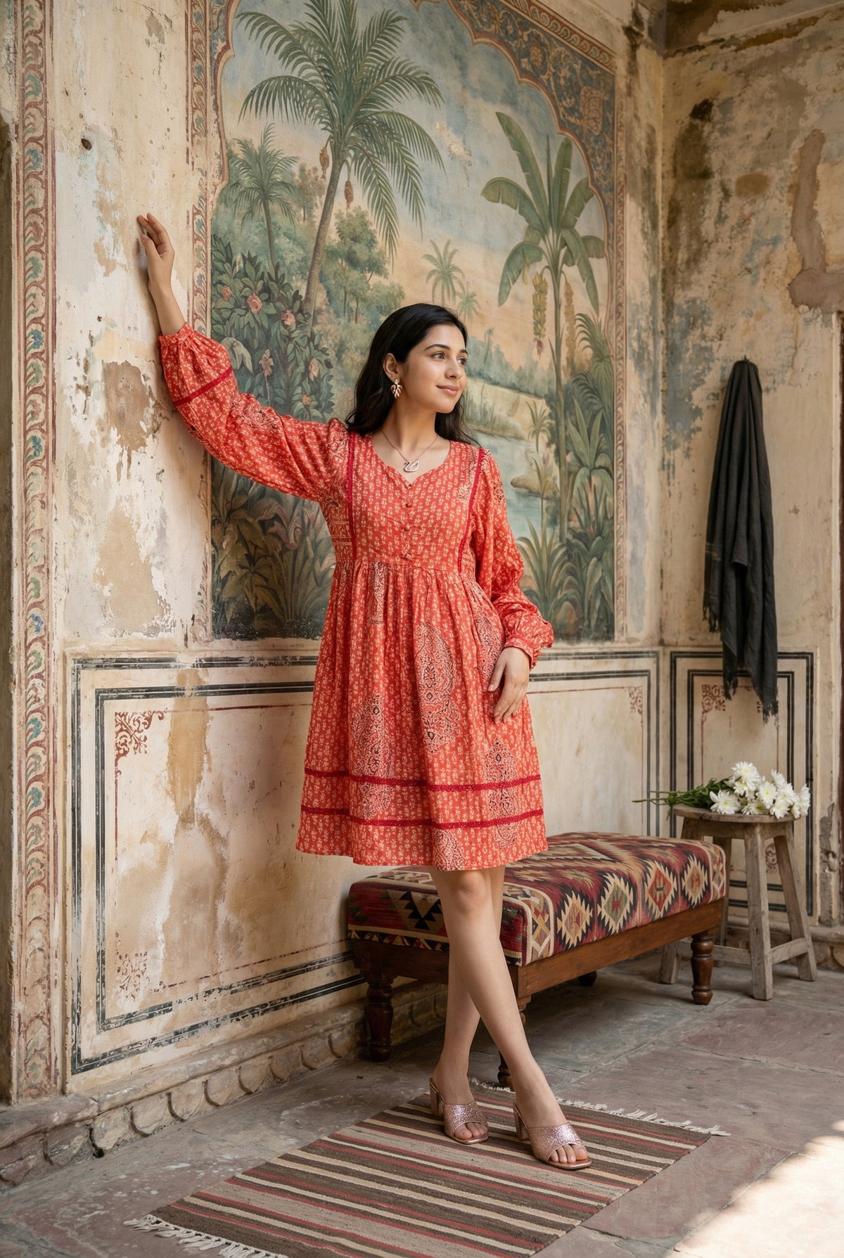 Orange Ethnic Motifs V-Neck A-Line Pure Cotton Dress For Women