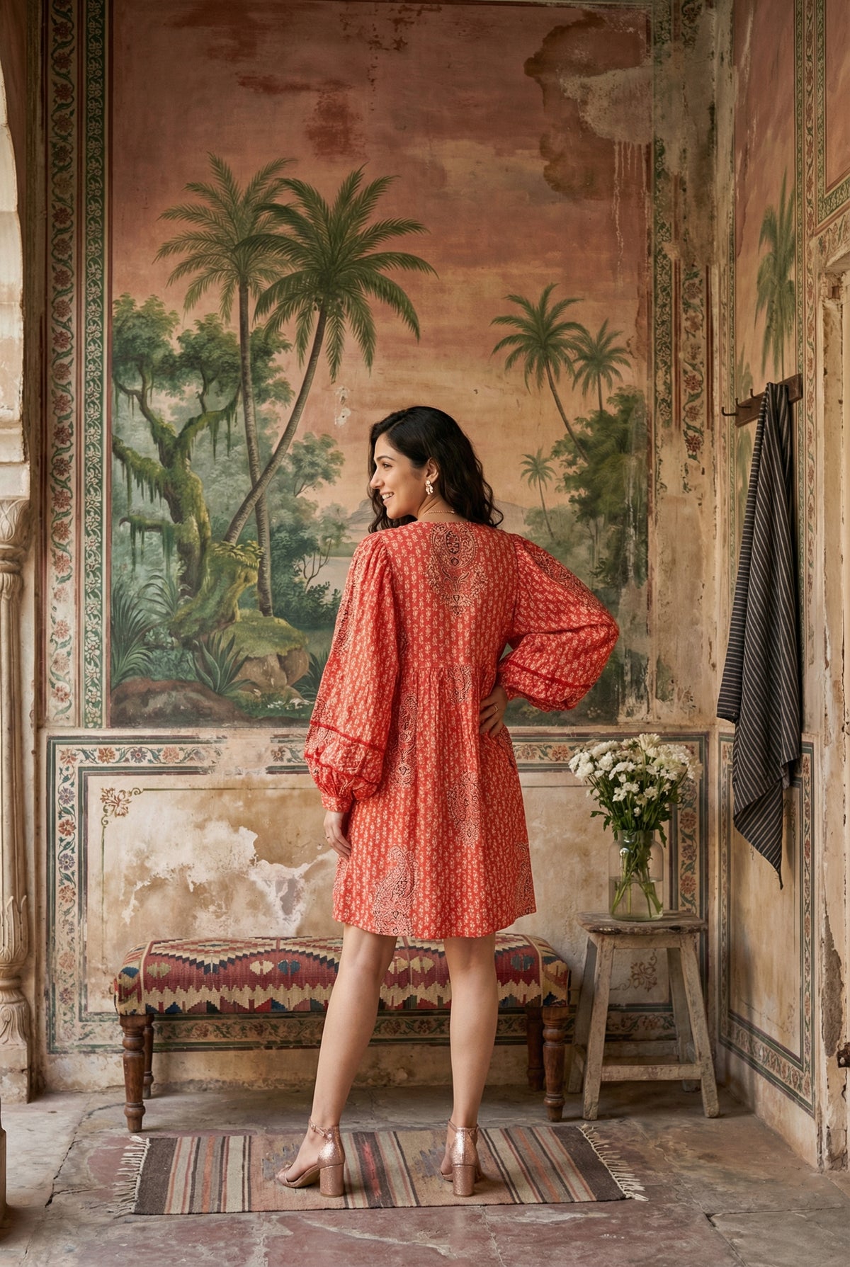 Orange Ethnic Motifs V-Neck A-Line Pure Cotton Dress For Women