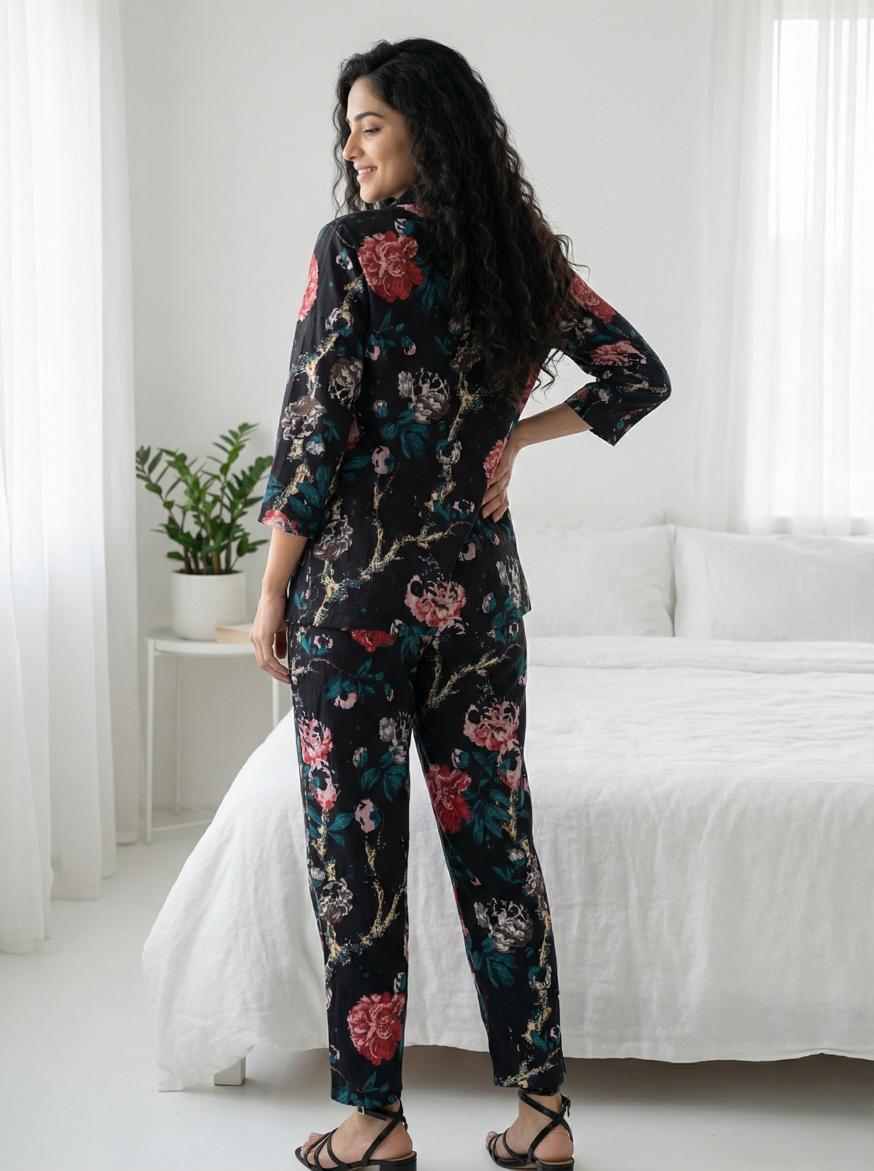 Black Round Neck Floral Print Pure Cotton Three Piece Night Suit Set for Women