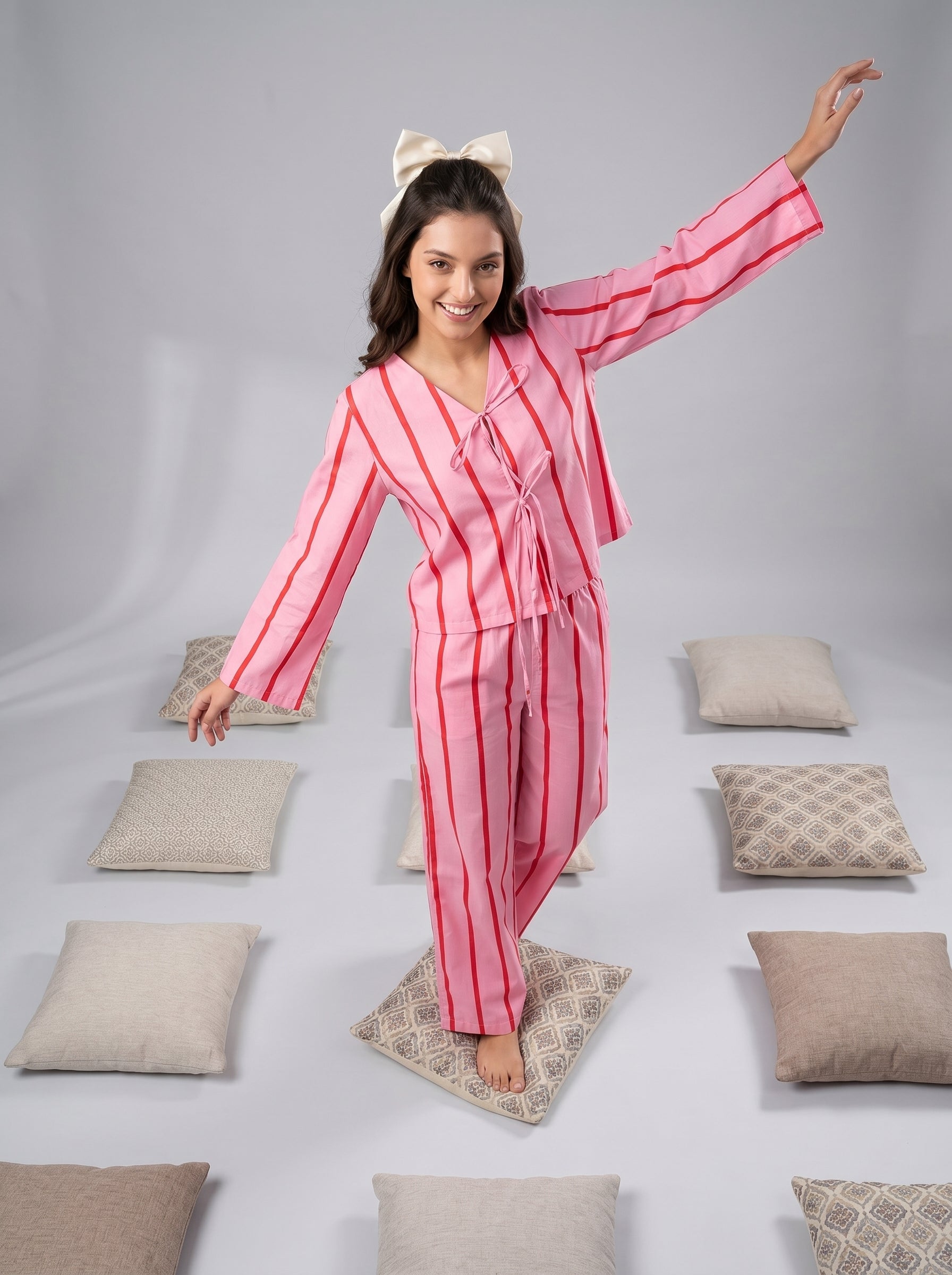 Pink Striped Print V-Neck Pure Cotton Night Suit For Women
