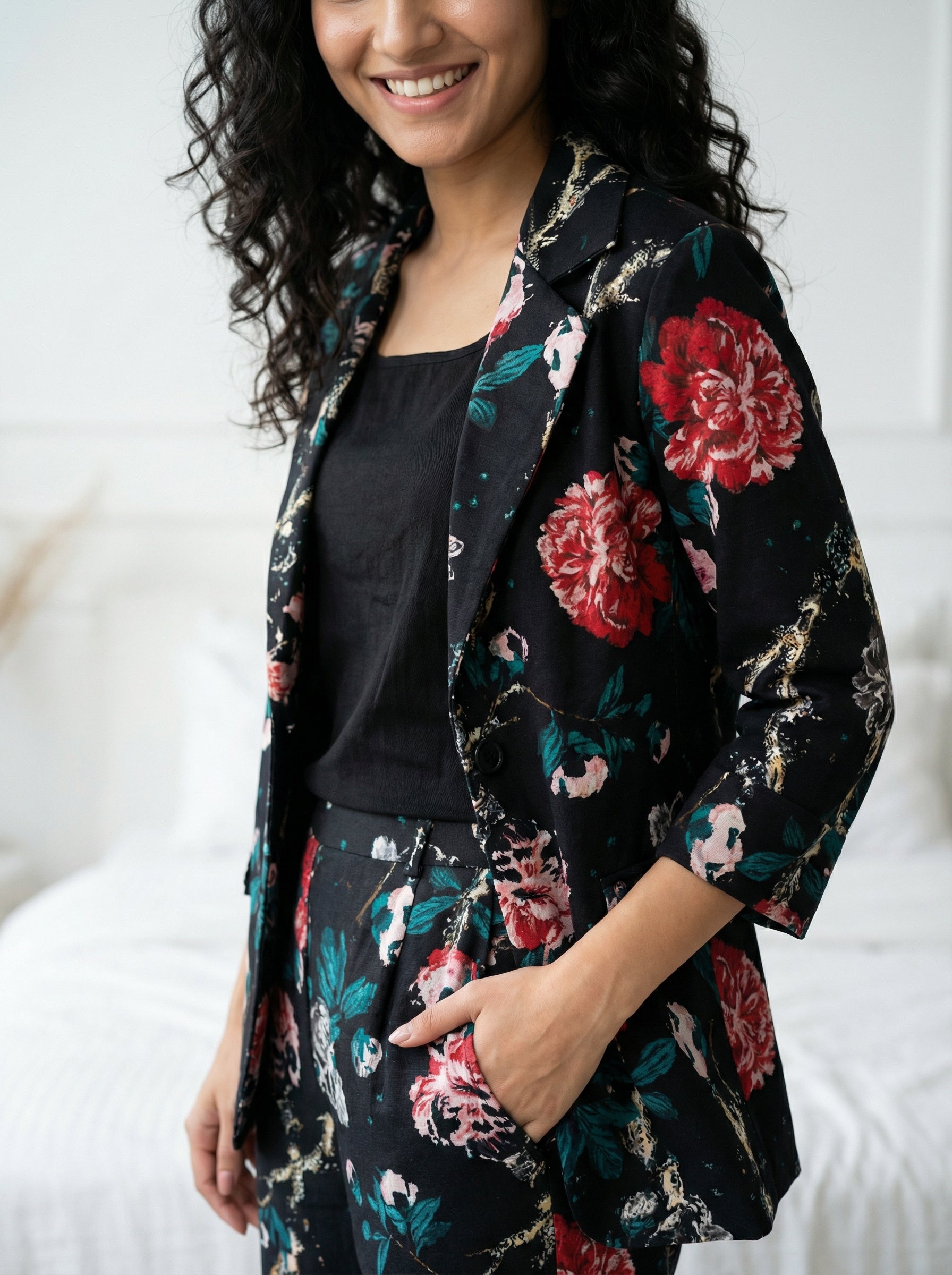 Black Round Neck Floral Print Pure Cotton Three Piece Night Suit Set for Women