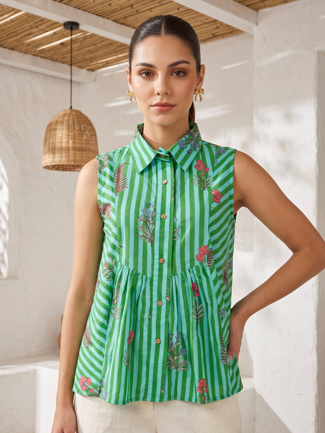 Green Shirt Collar Cotton Stripes Print Top For Women