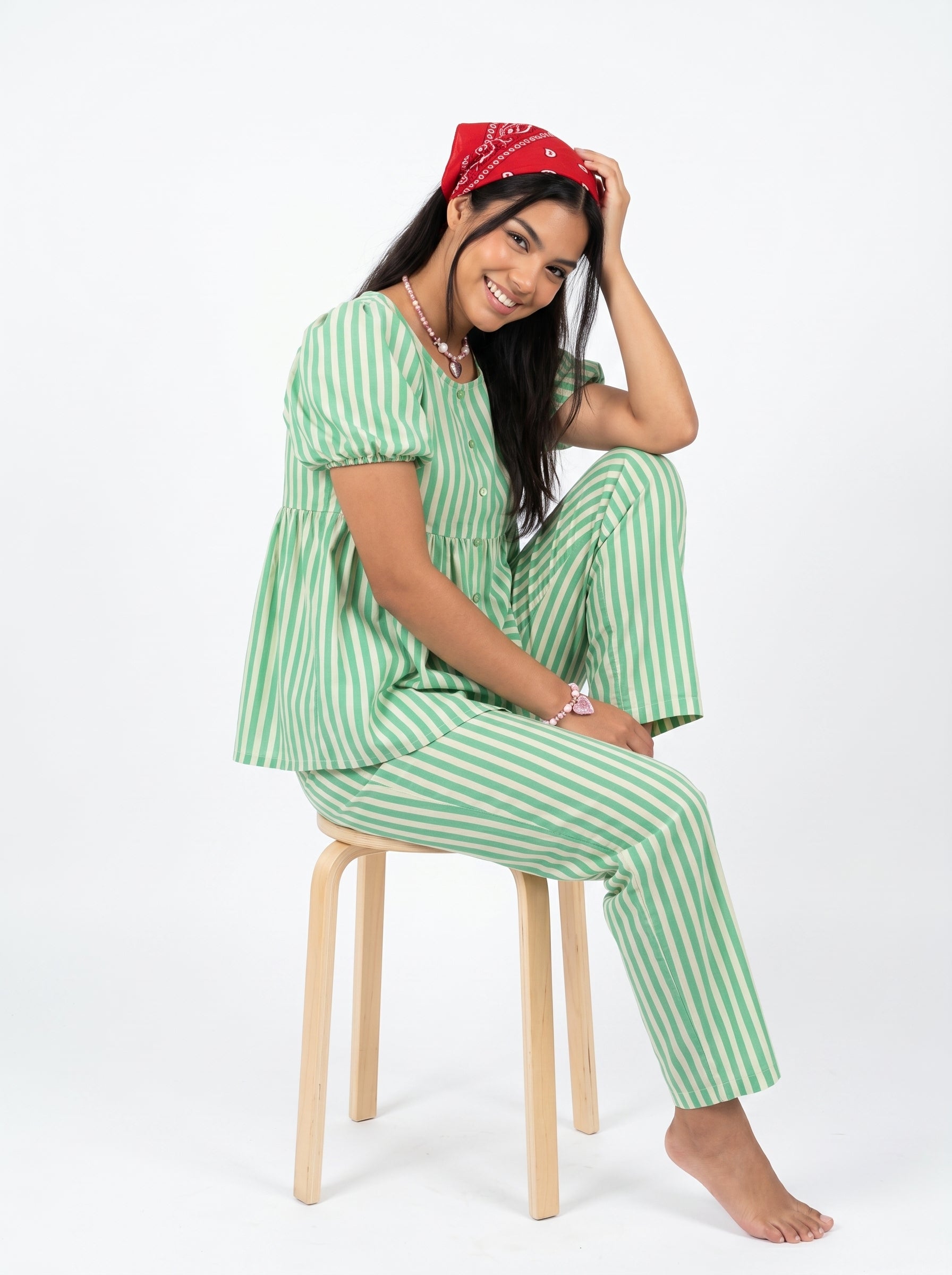 Green Striped Print Round Neck Pure Cotton Night Suit For Women