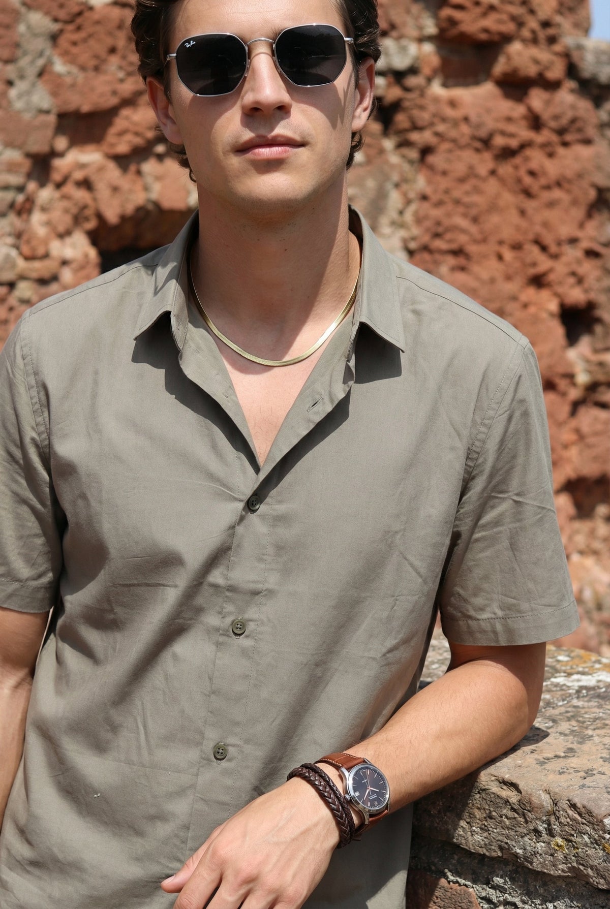Olive Solid Band Collar Half Sleeve Cotton Shirt For Men