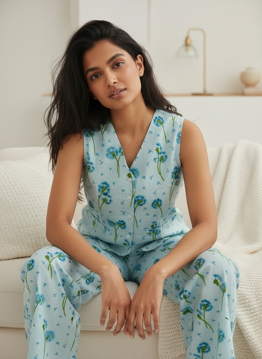 Blue Floral Print V-Neck Pure Cotton Night Suit Set For Women