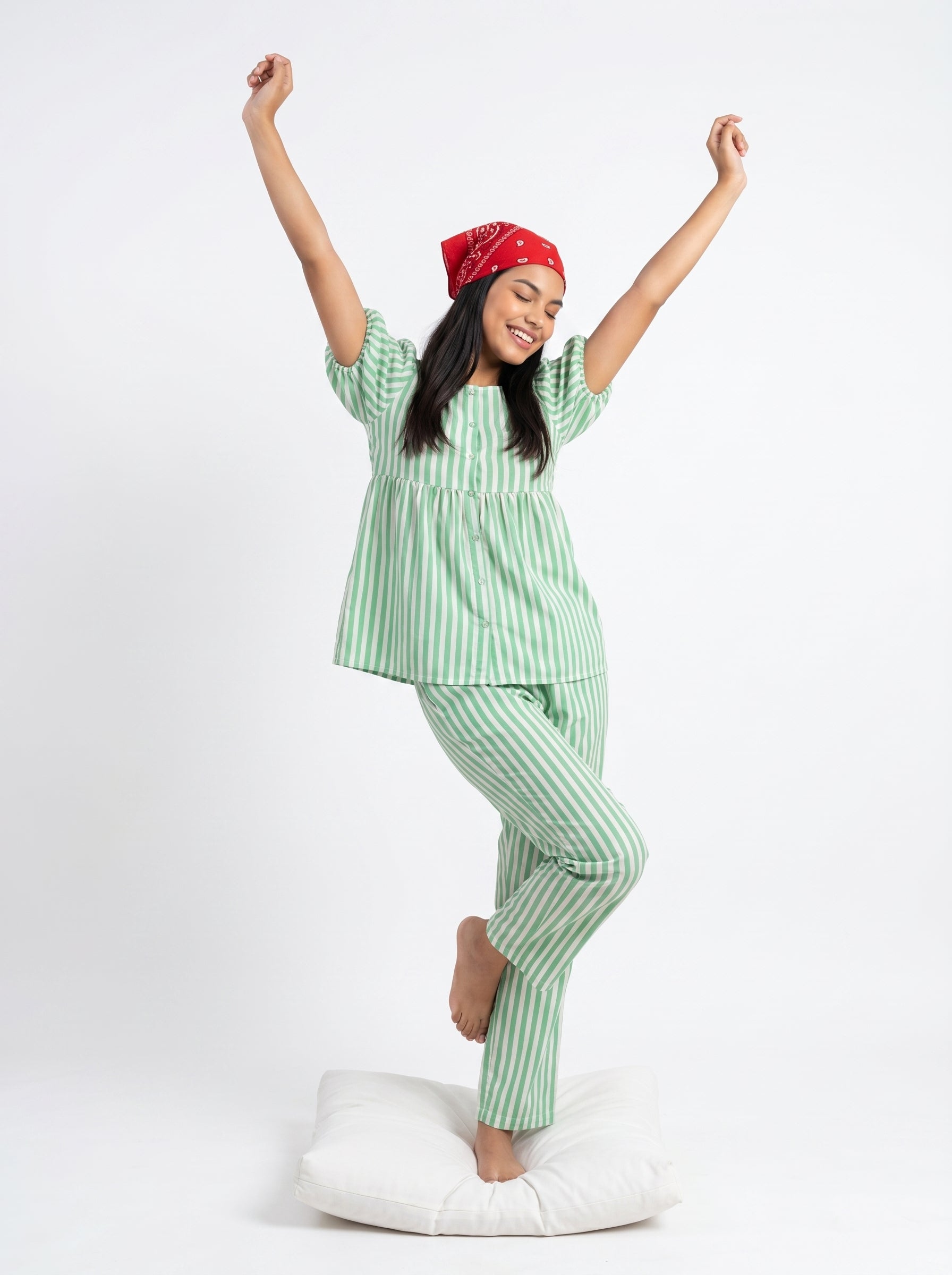 Green Striped Print Round Neck Pure Cotton Night Suit For Women