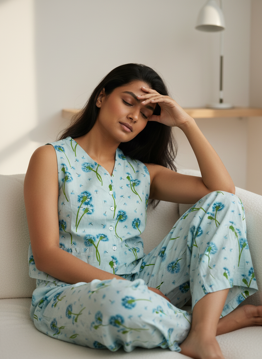 Blue Floral Print V-Neck Pure Cotton Night Suit Set For Women