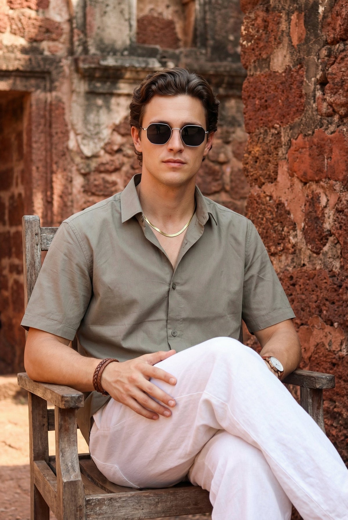 Olive Solid Band Collar Half Sleeve Cotton Shirt For Men