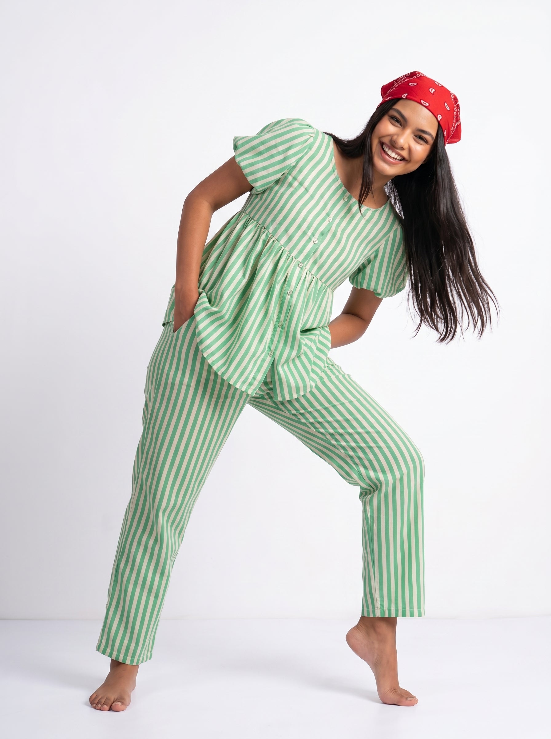 Green Striped Print Round Neck Pure Cotton Night Suit For Women