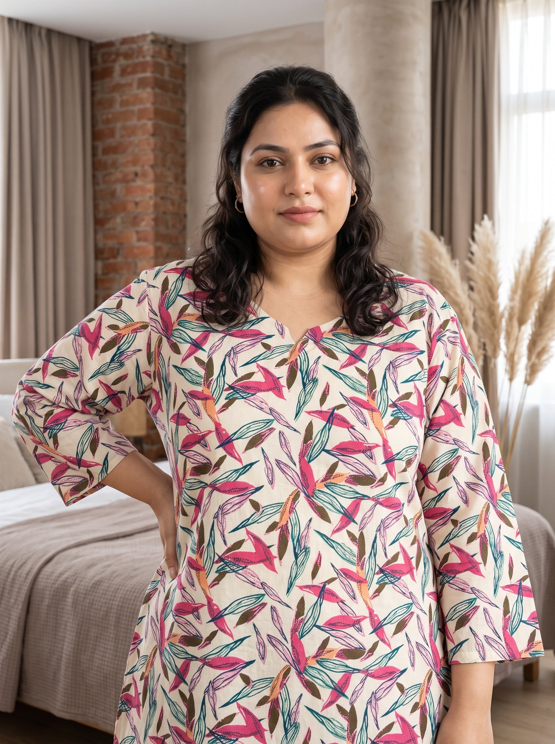 Beige Leaf Notch Neck Cotton Plus Size Night Suit Set For Women