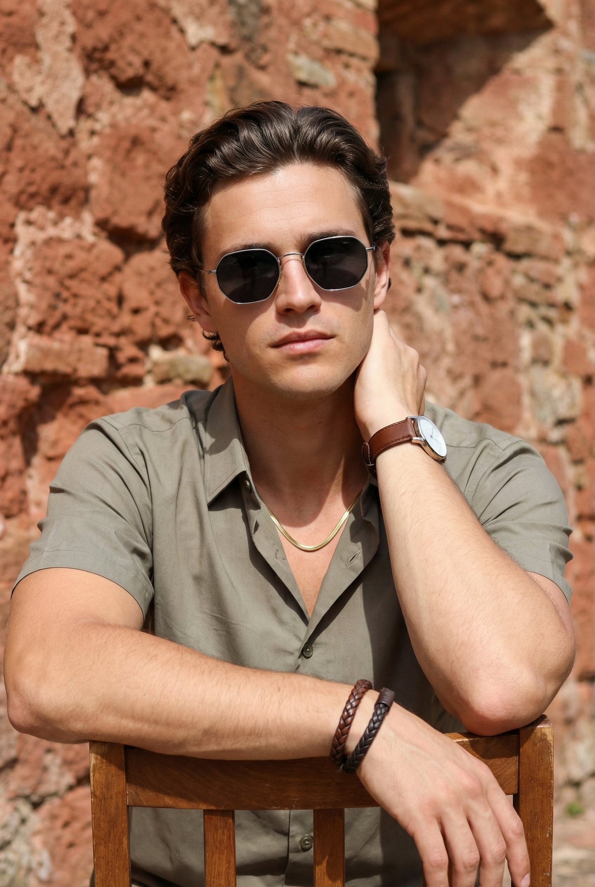 Olive Solid Band Collar Half Sleeve Cotton Shirt For Men