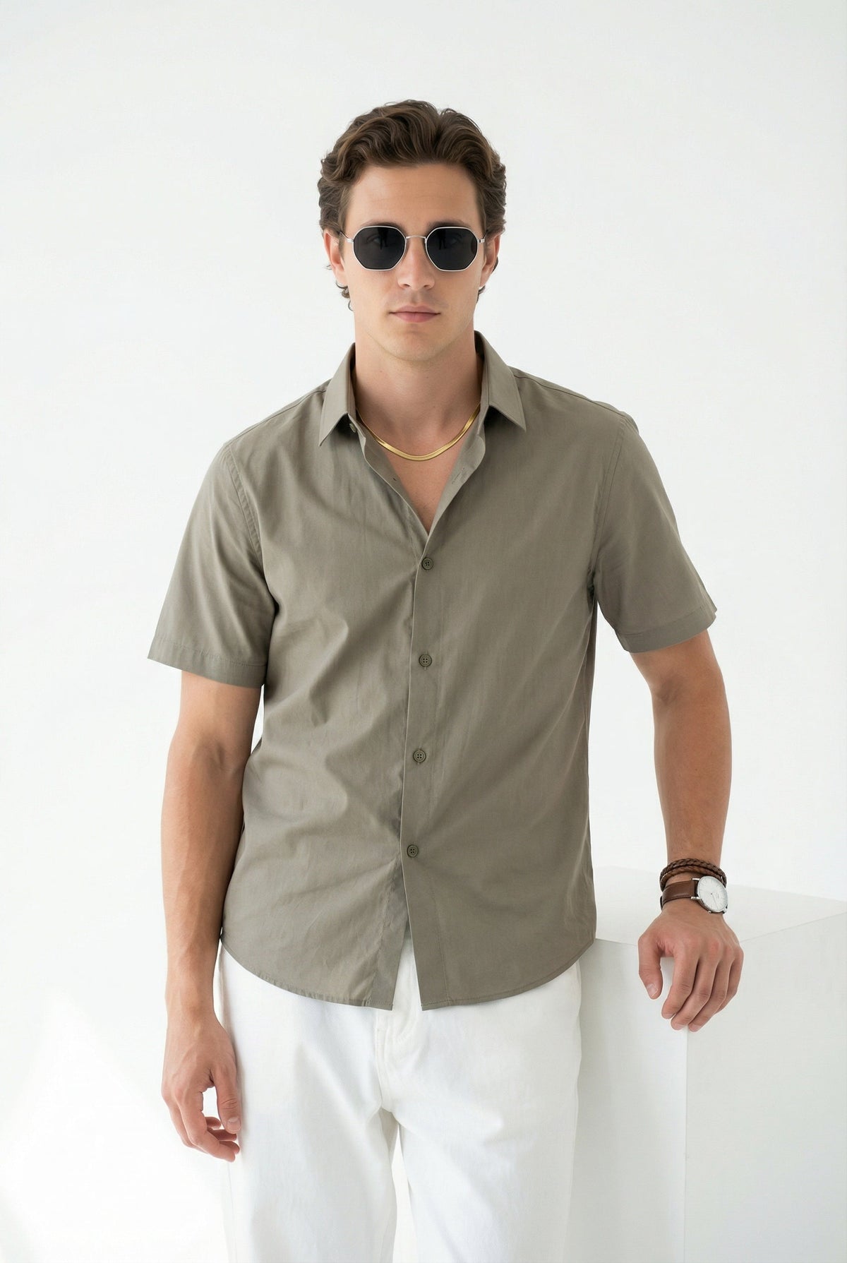 Olive Solid Band Collar Half Sleeve Cotton Shirt For Men