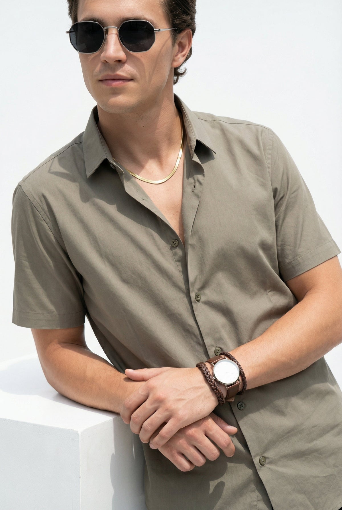 Olive Solid Band Collar Half Sleeve Cotton Shirt For Men