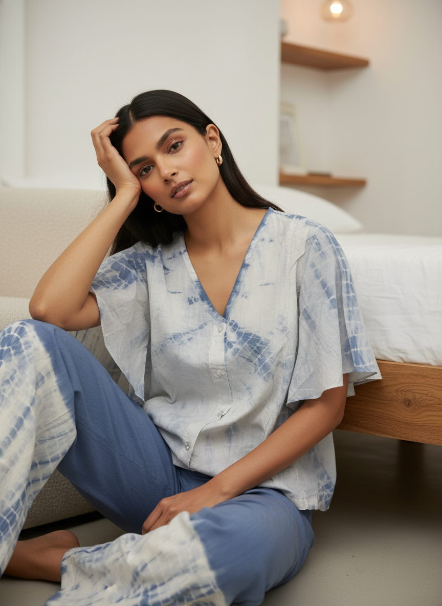 Blue Color Tie and Dye Pure Cotton Night Suit for Women