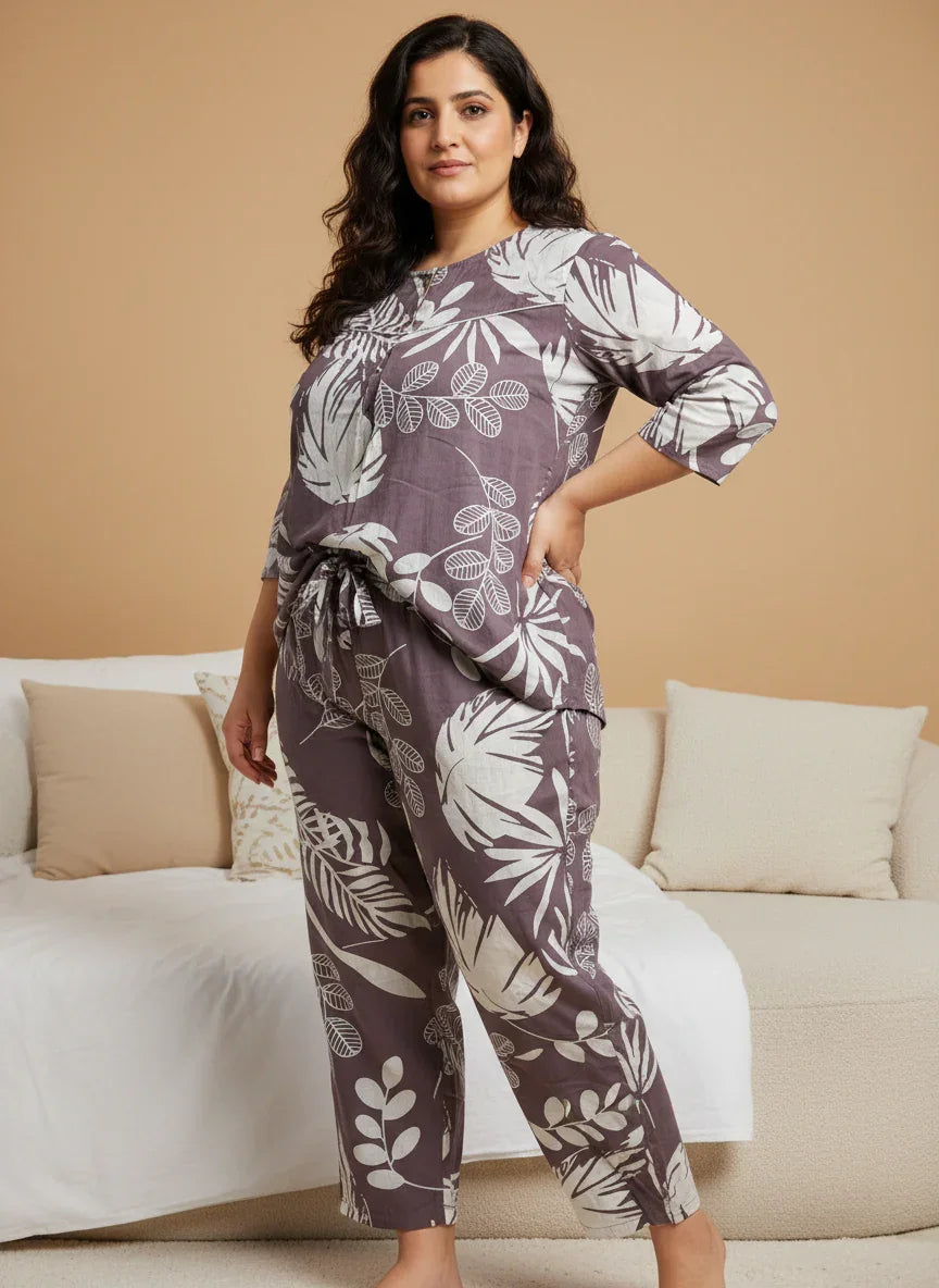 Purple Printed Round Neck Cotton Night Suit Set for Women - SanskrutiHomes