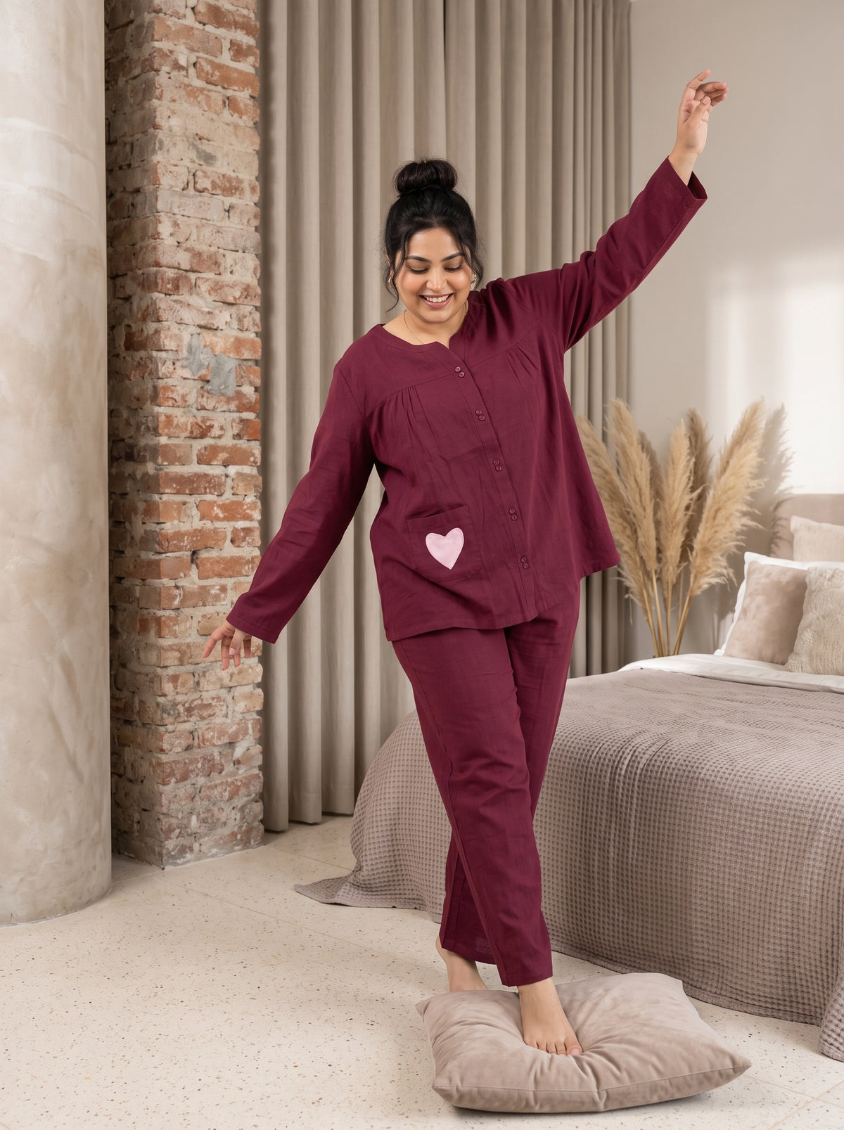Maroon Heart Patch Scoop Neck Cotton Plus Size Night Suit For Women