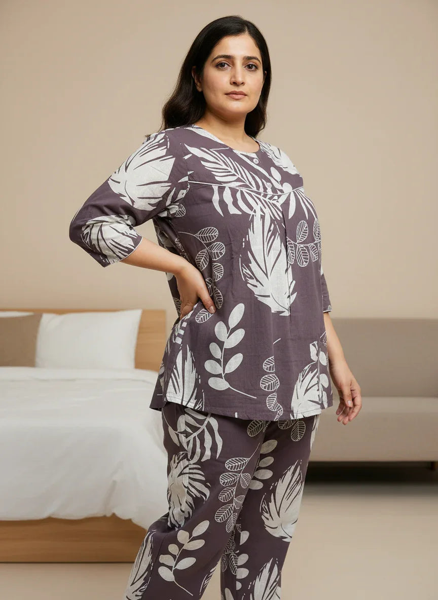Purple Printed Round Neck Cotton Night Suit Set for Women - SanskrutiHomes