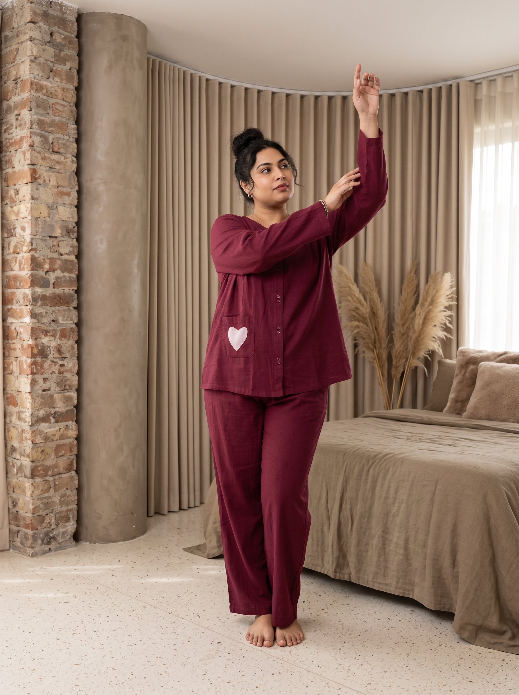 Maroon Heart Patch Scoop Neck Cotton Plus Size Night Suit For Women