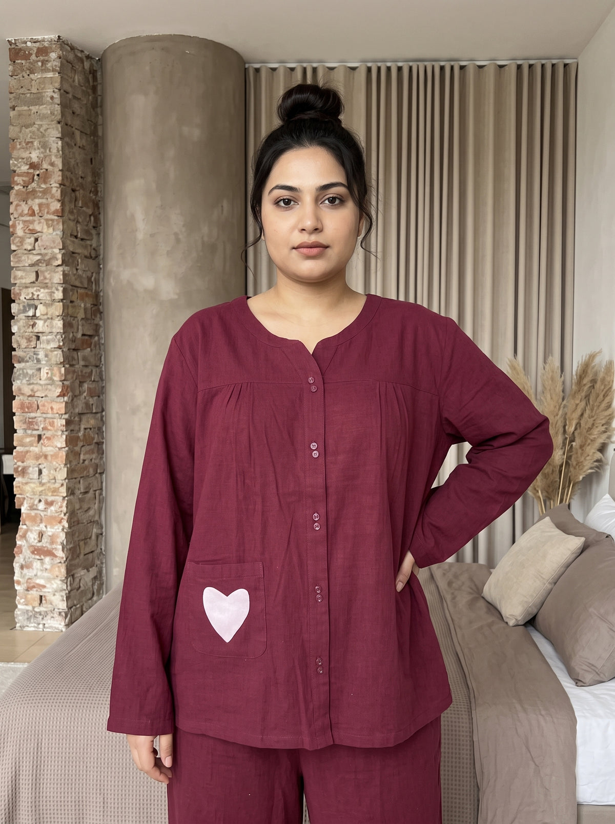 Maroon Heart Patch Scoop Neck Cotton Plus Size Night Suit For Women