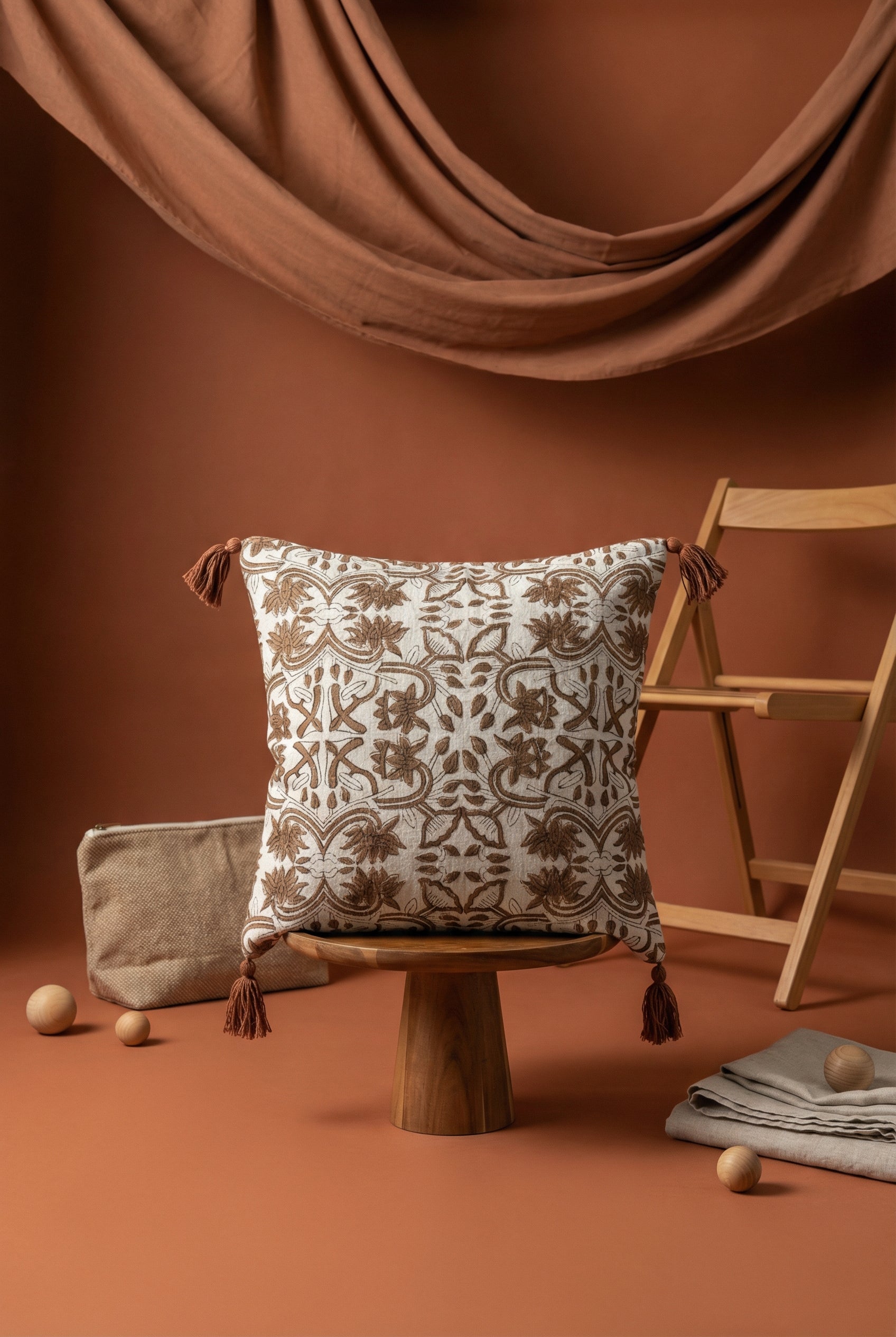 Brown & White Ethnic Motifs Printed Cotton Cushion Cover With Tassel Accents