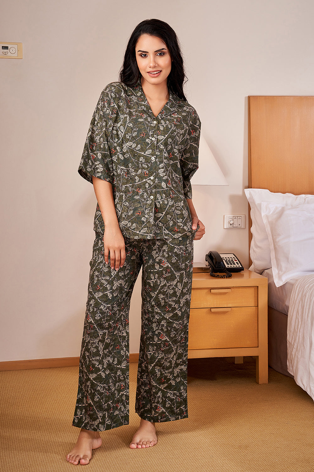 Dark Green Loose Fit Night Suit Set