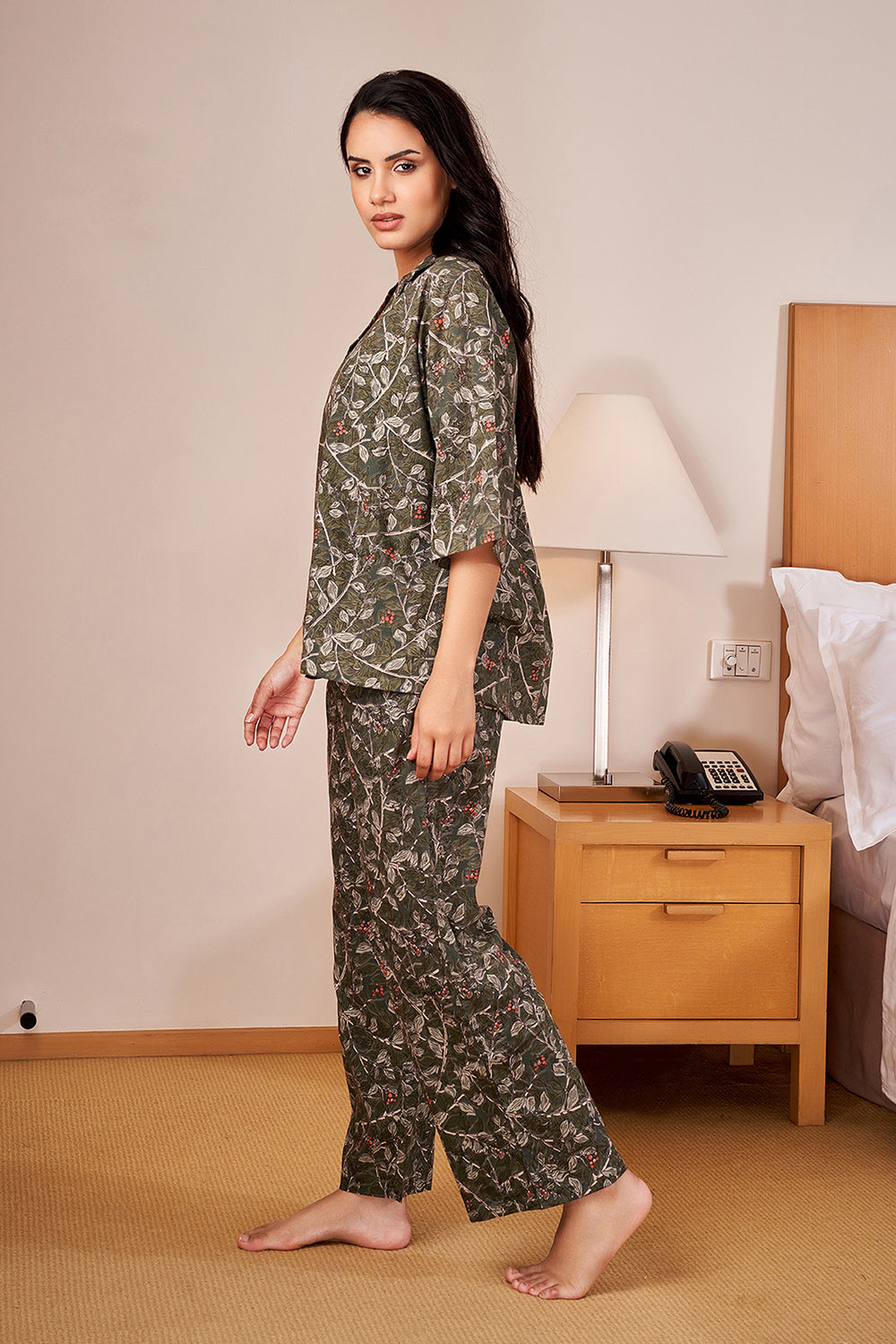 Dark Green Loose Fit Night Suit Set