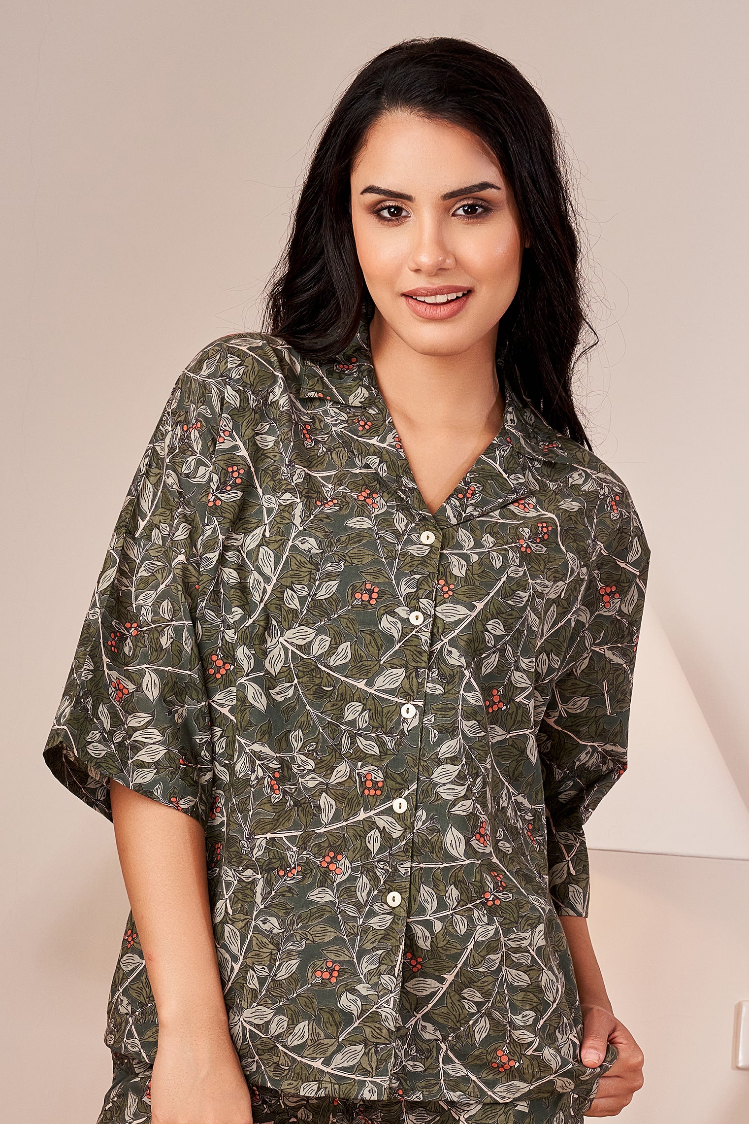 Dark Green Loose Fit Night Suit Set