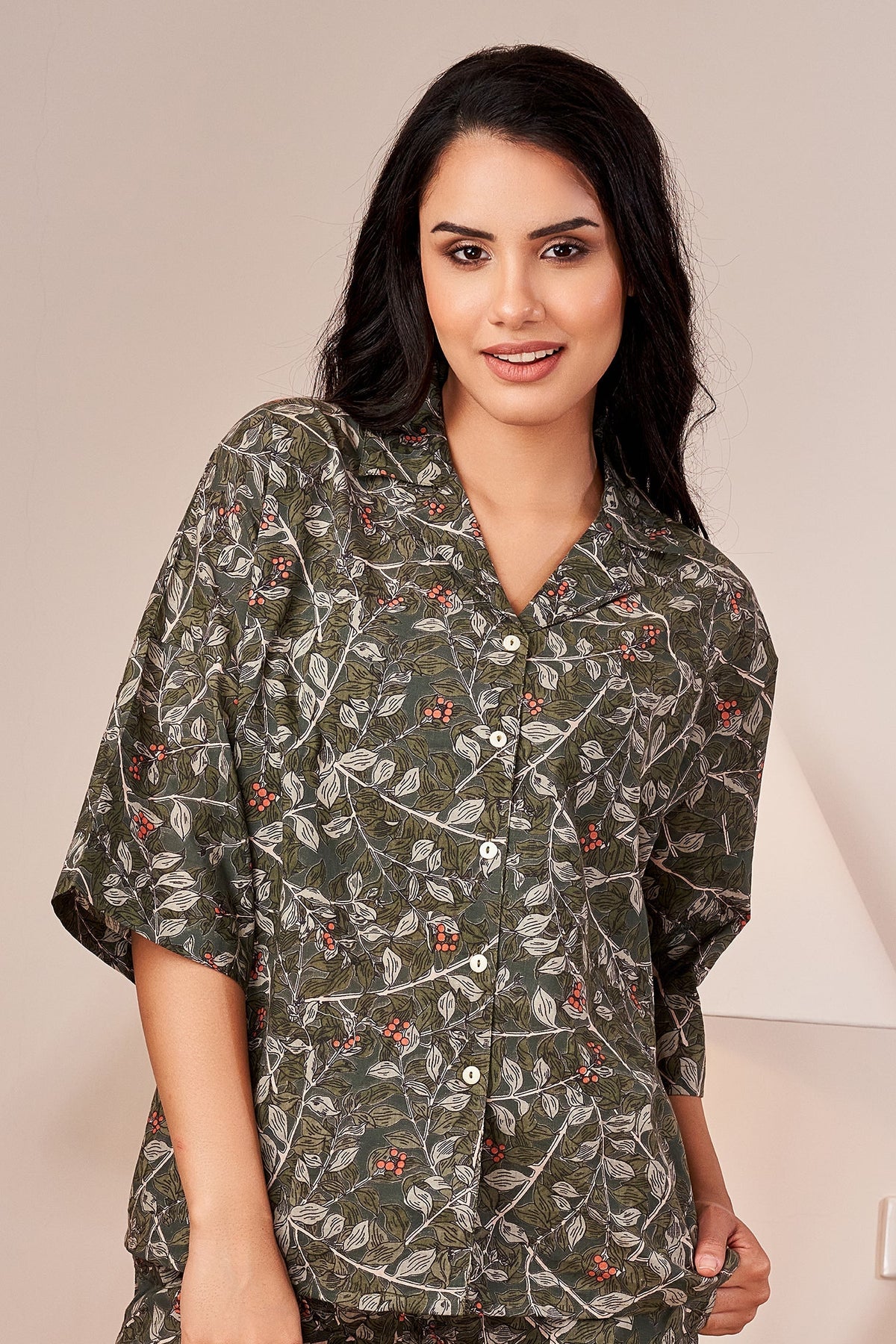Dark Green Loose Fit Night Suit Set