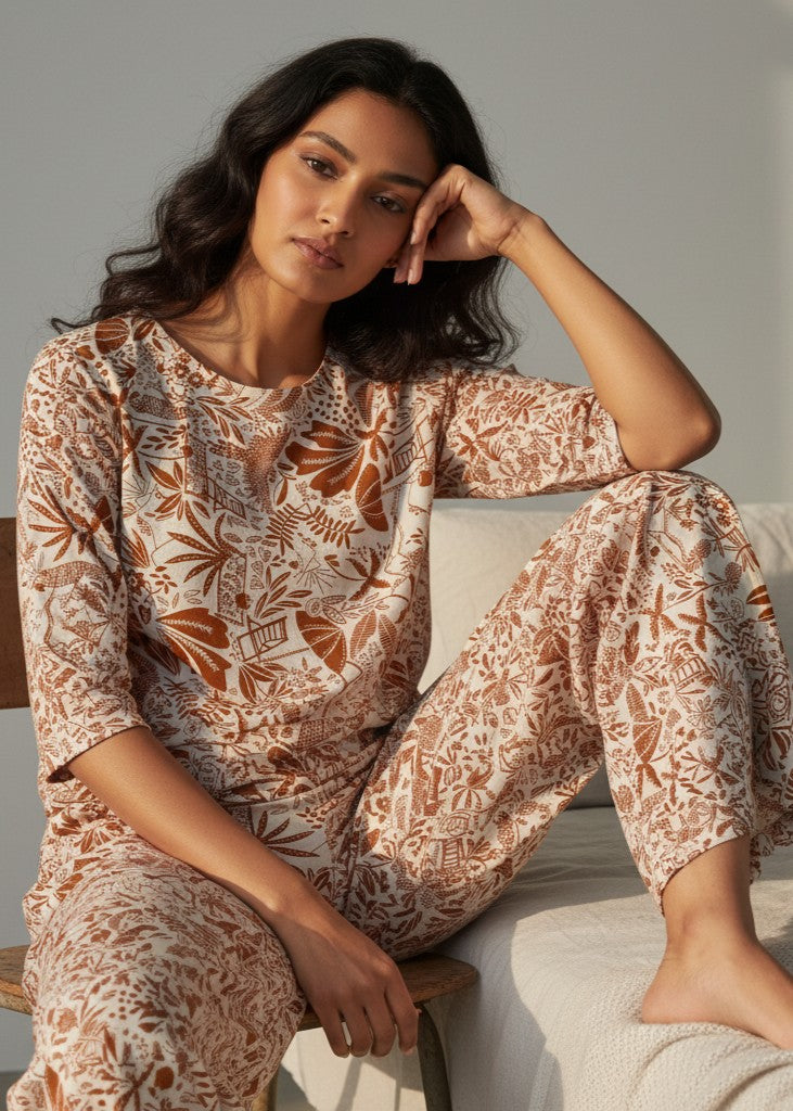Orange Round Neck Printed Cotton Night Suit Set for Women