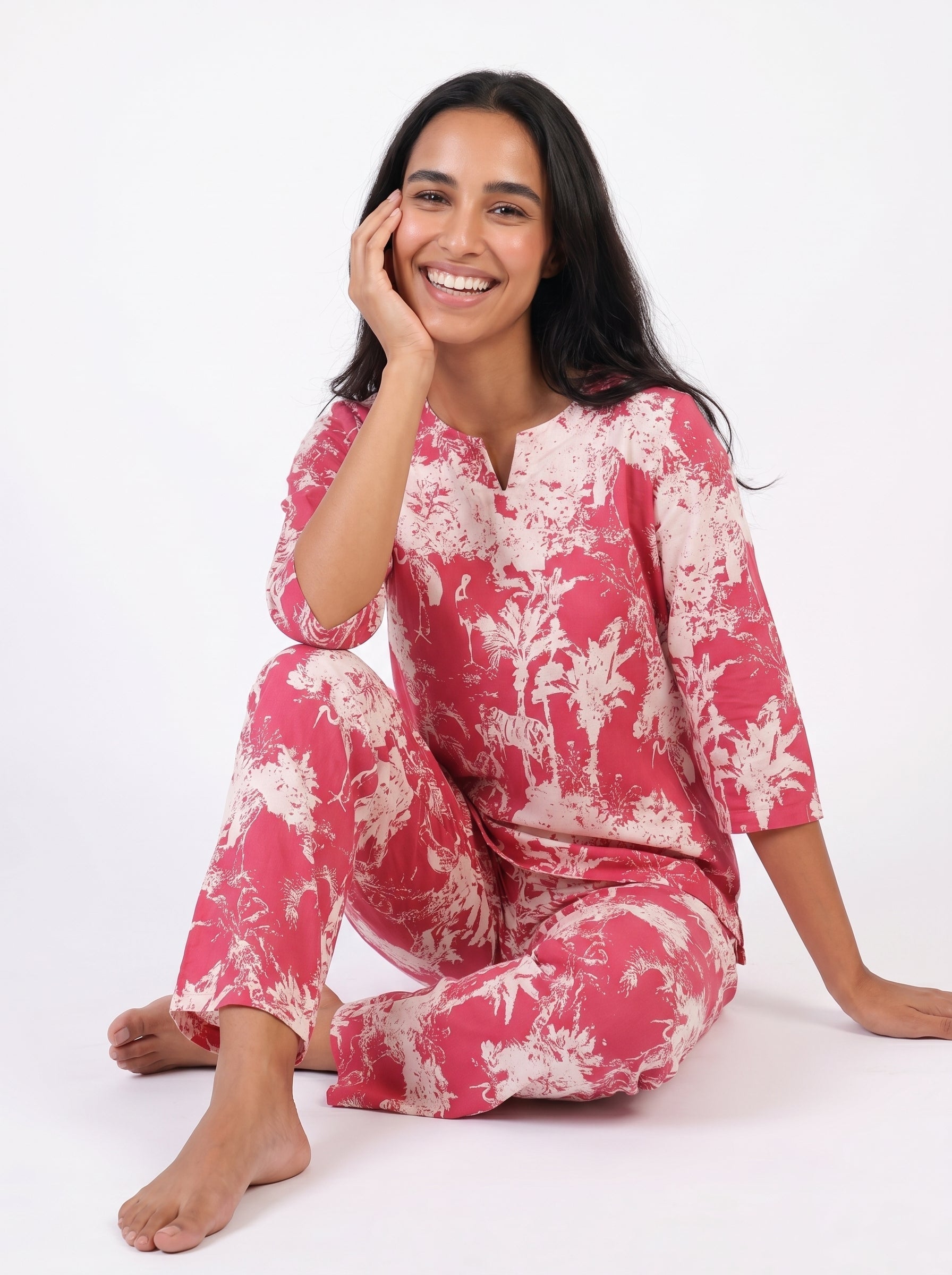 Pink Round Neck Tropical Print Pure Cotton Night Suit For Women