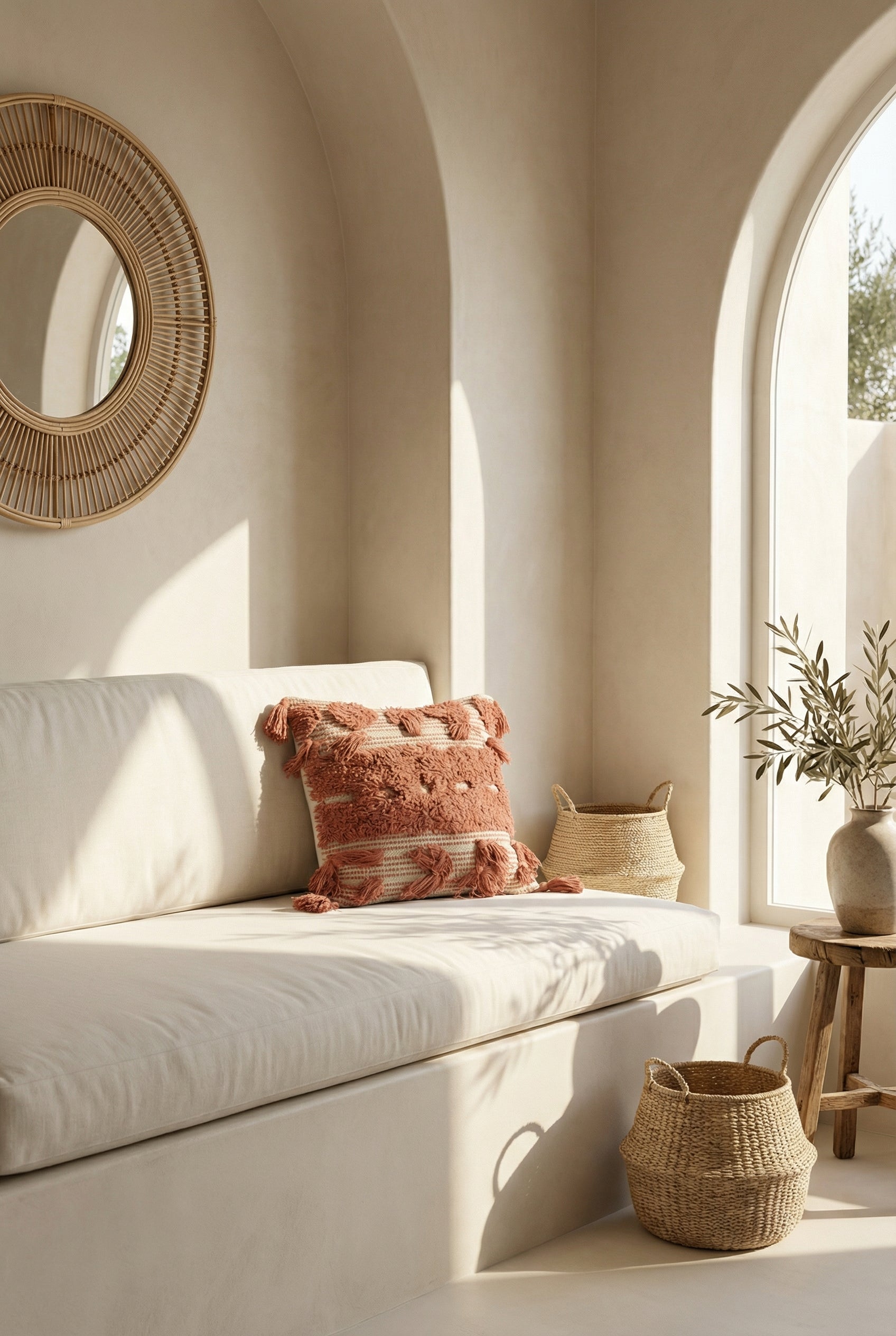 Cream Squared Embroidered Cushion with Tassel Details