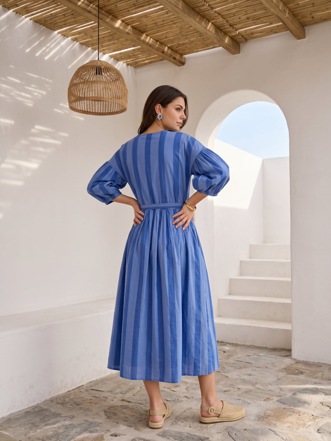Blue V-Neck Stripes Cotton Flared Maxi Dress For Women