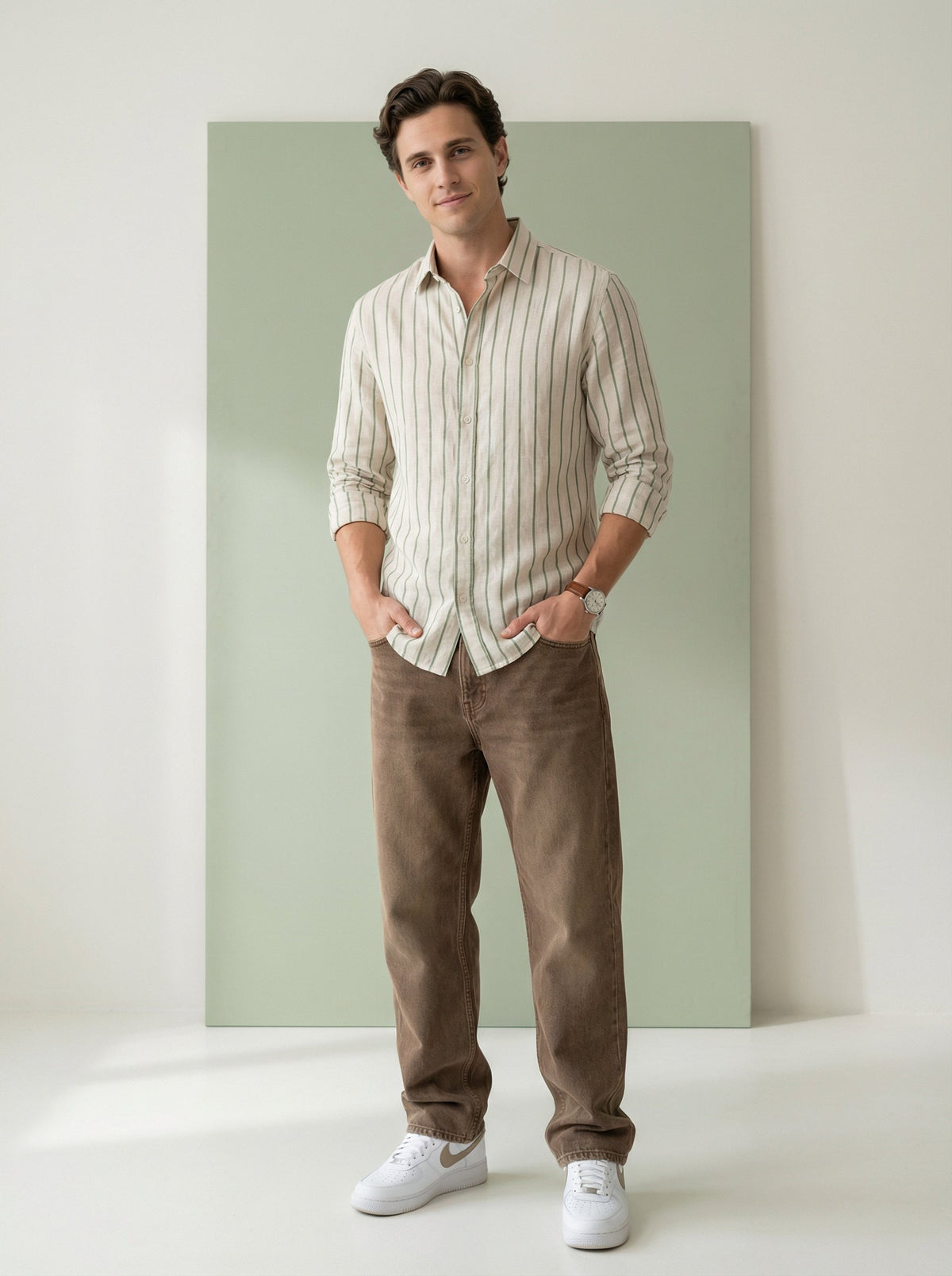 Green Striped Band Collar Handloom Cotton Shirt For Men