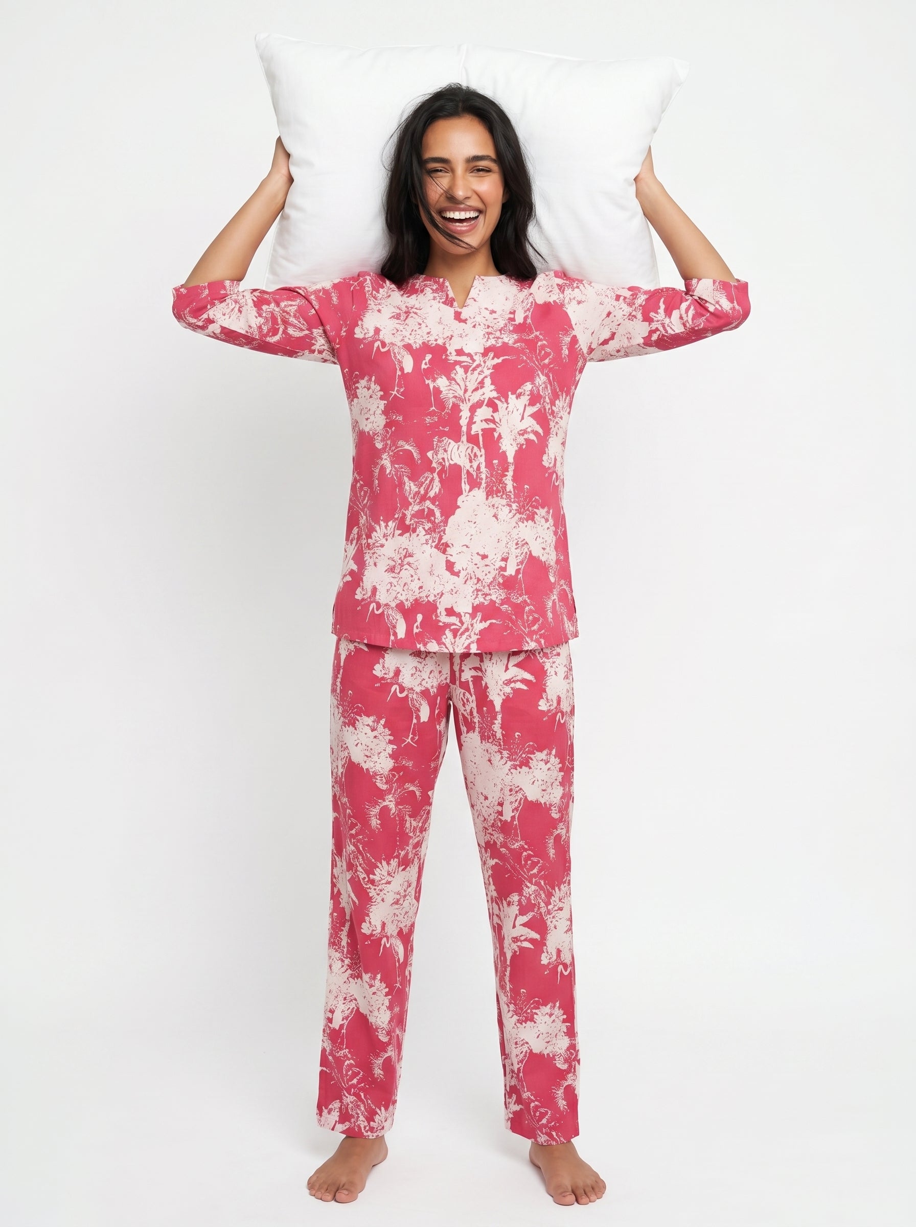 Pink Round Neck Tropical Print Pure Cotton Night Suit For Women