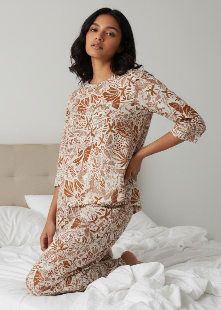 Orange Round Neck Printed Cotton Night Suit Set for Women