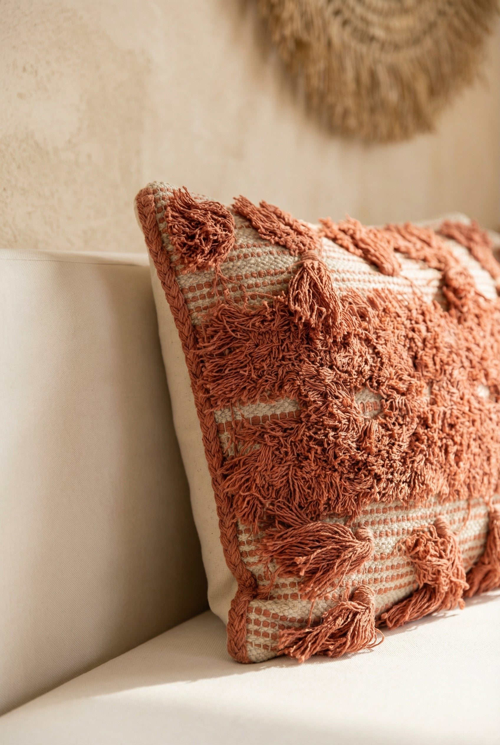 Cream Squared Embroidered Cushion with Tassel Details