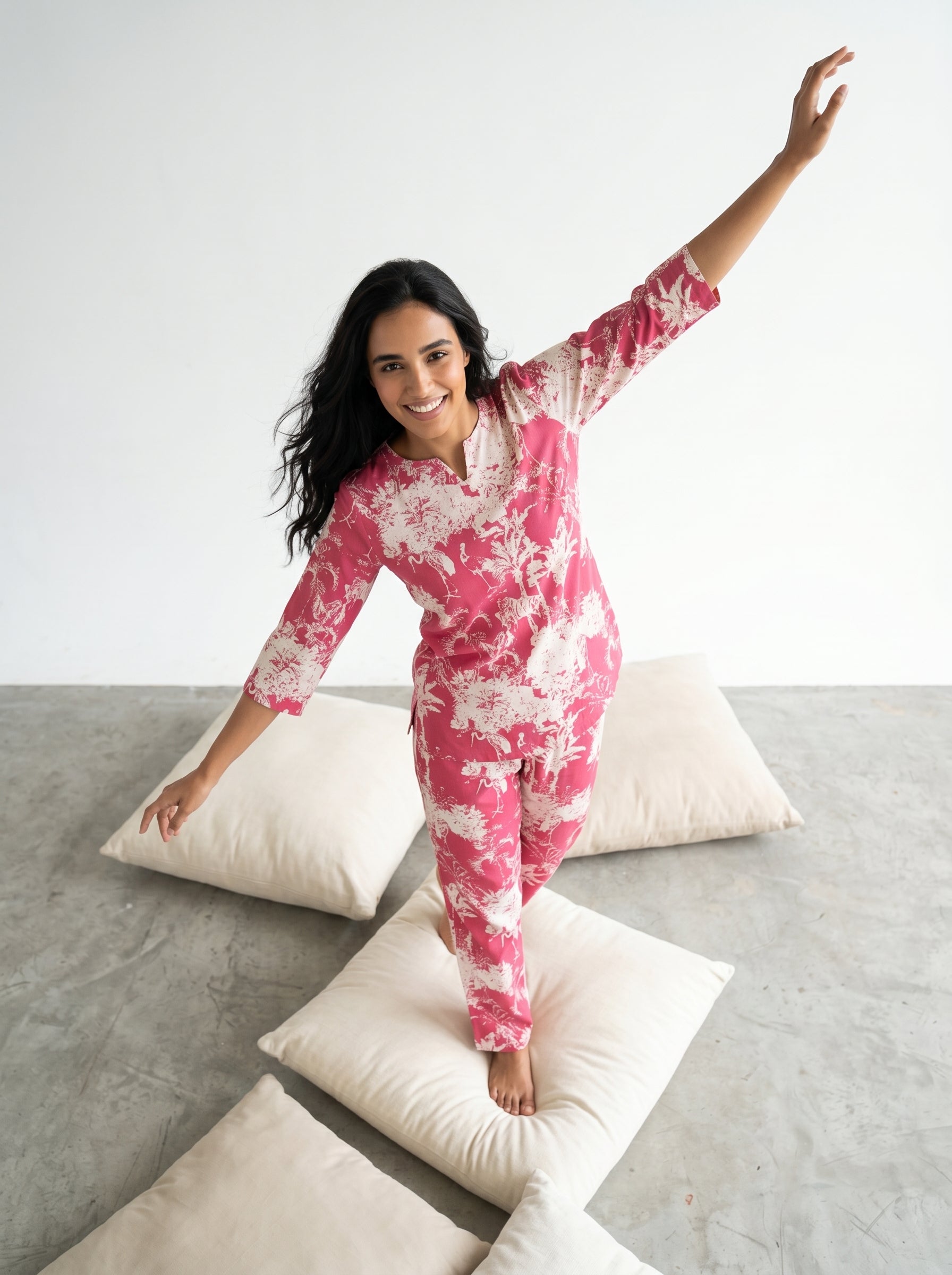 Pink Round Neck Tropical Print Pure Cotton Night Suit For Women