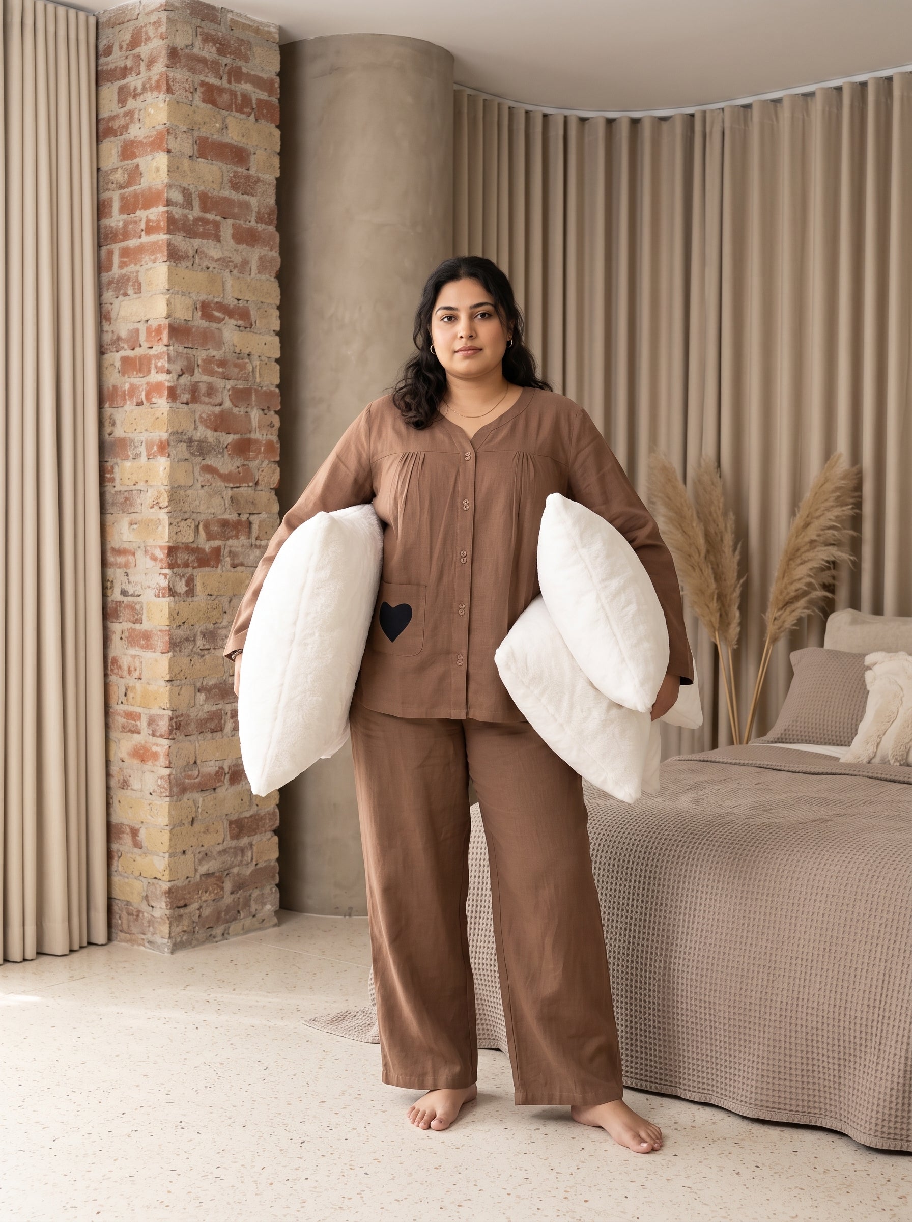 Brown Solid Notch Neck Cotton Plus Size Night Suit For Women