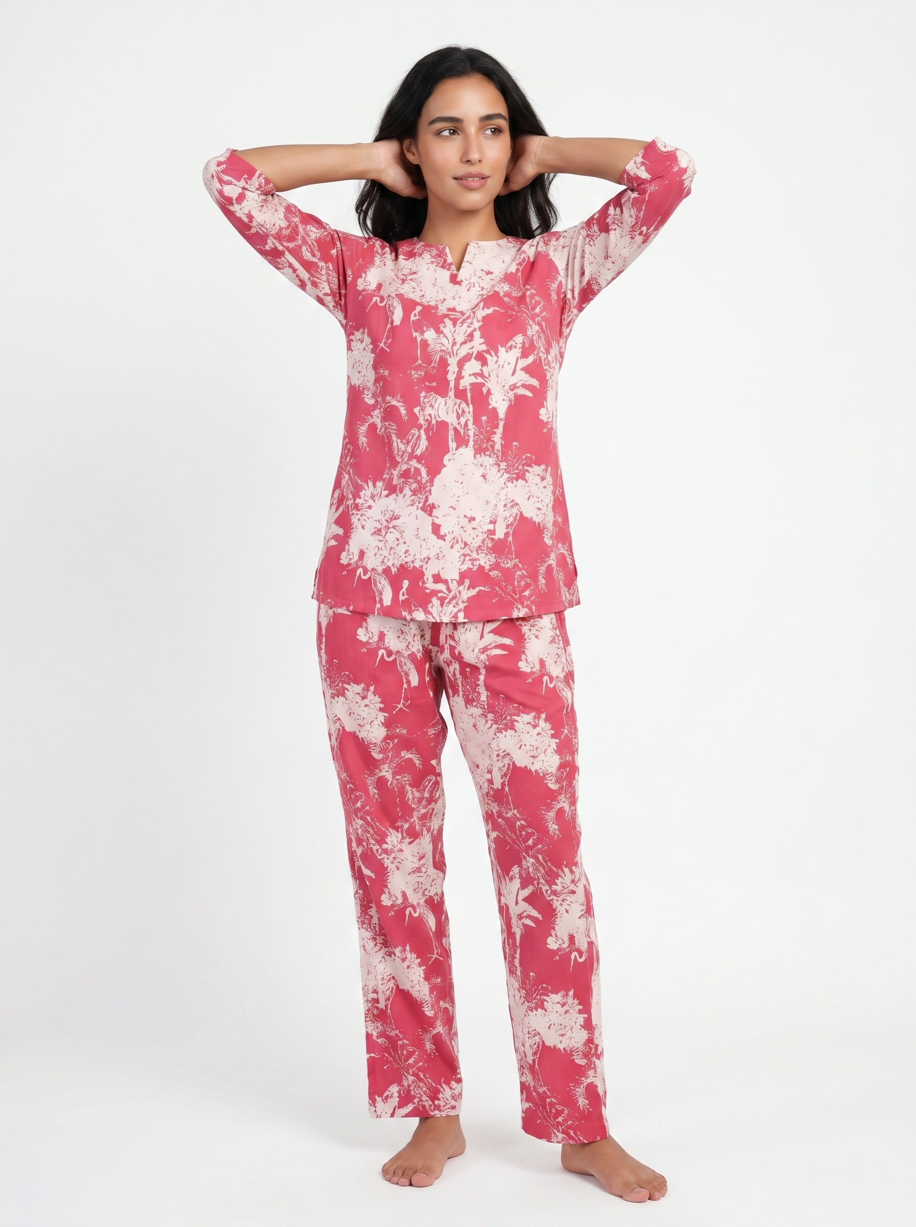 Pink Round Neck Tropical Print Pure Cotton Night Suit For Women