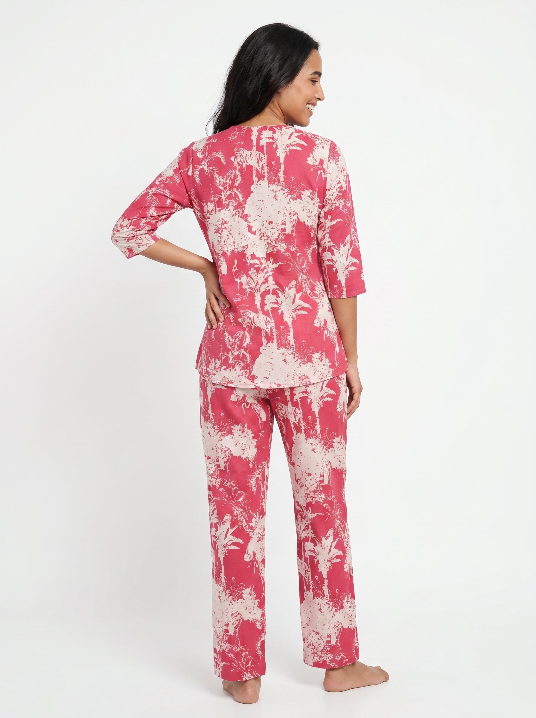 Pink Round Neck Tropical Print Pure Cotton Night Suit For Women