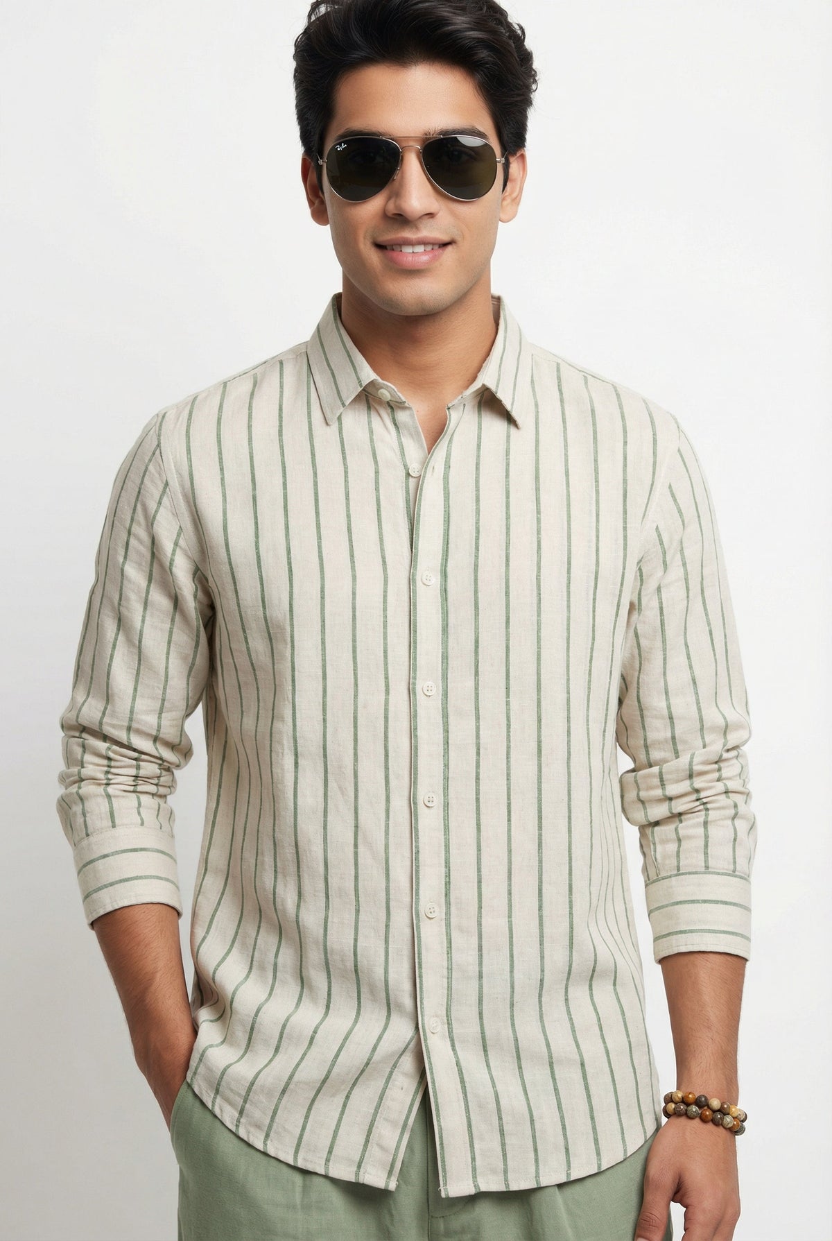 Green Striped Band Collar Handloom Cotton Shirt For Men