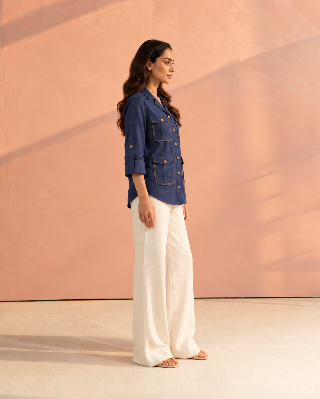 Blue Cuban Collar Roll-Up Sleeve Curved Hunter Shirt For Women