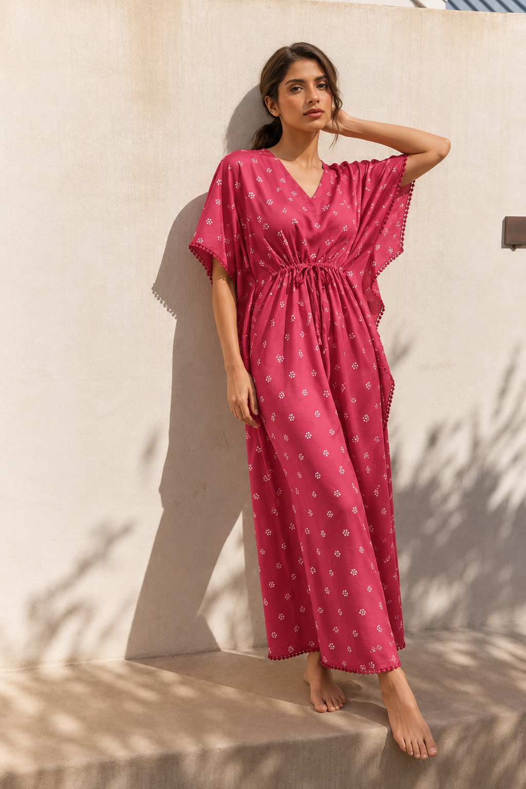 Pink V-Neck Maxi Pure Cotton Floral Nighty For Women