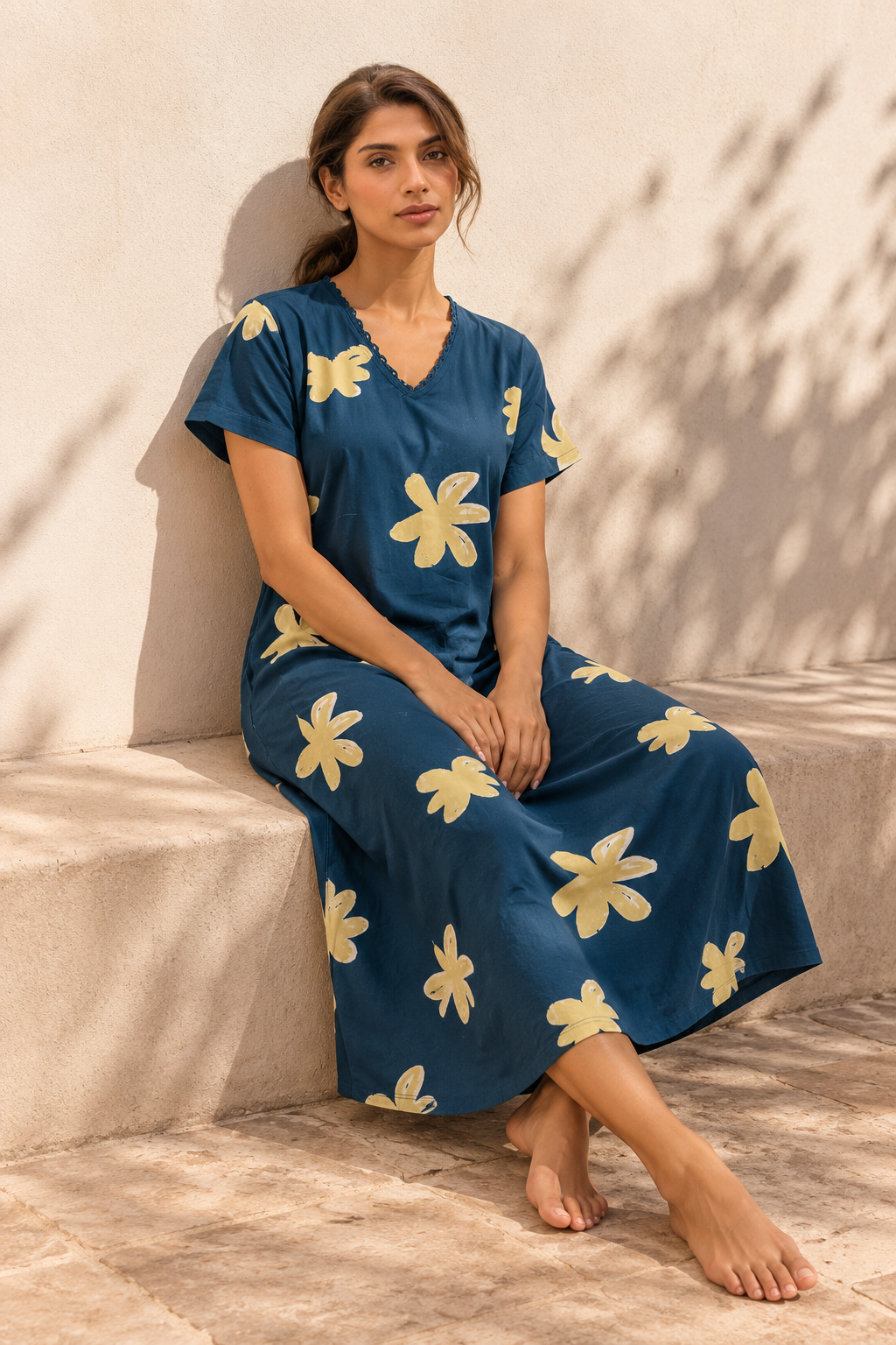 Navy Blue Floral Print V-Neck Pure Cotton Nighty For Women