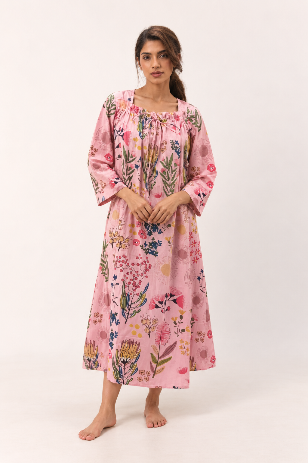 Pink Floral Print Square Neck Knee Length Night For Women