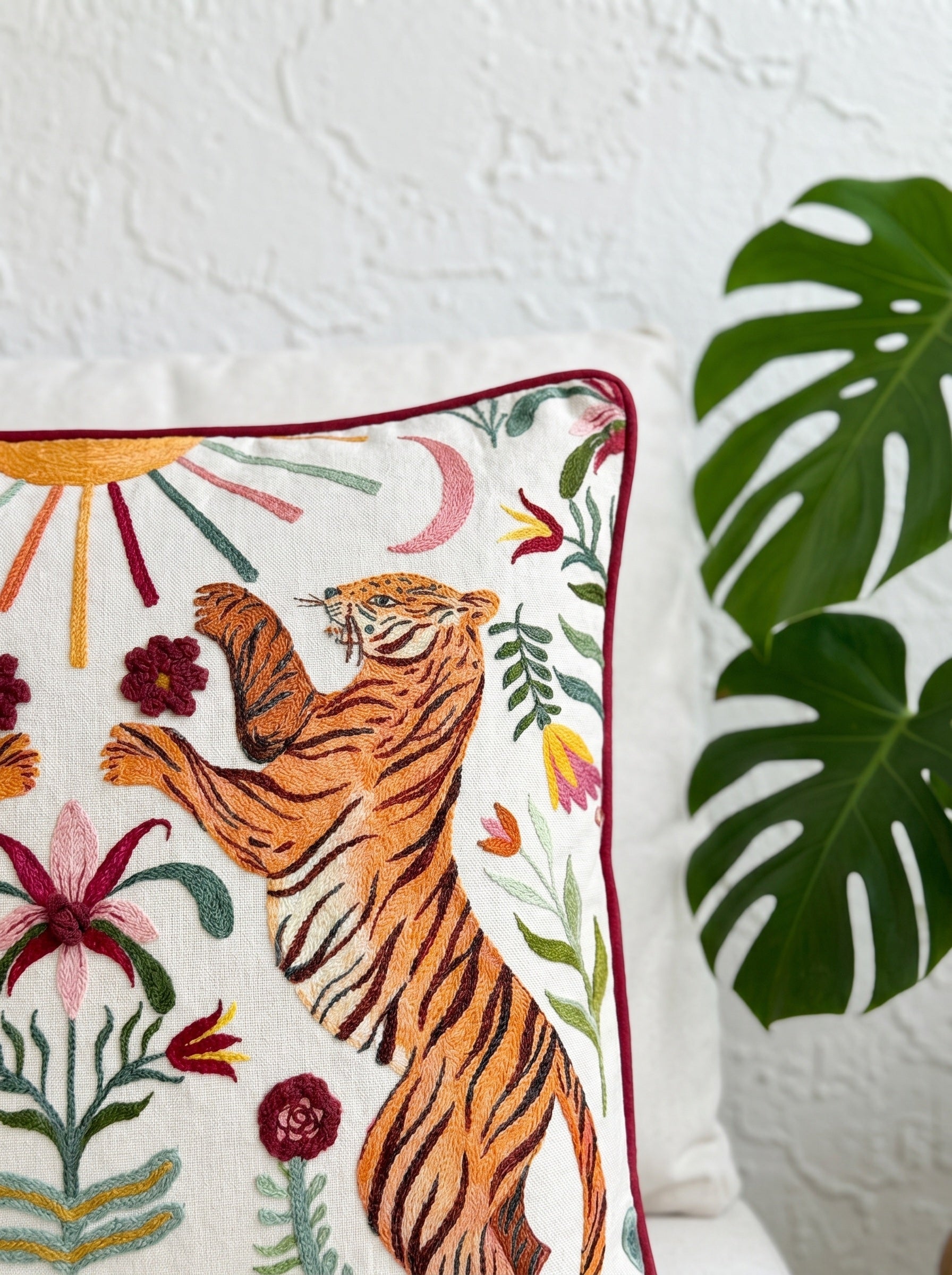Multi Velvet Square Tiger & Floral Embroidered Cushion Cover