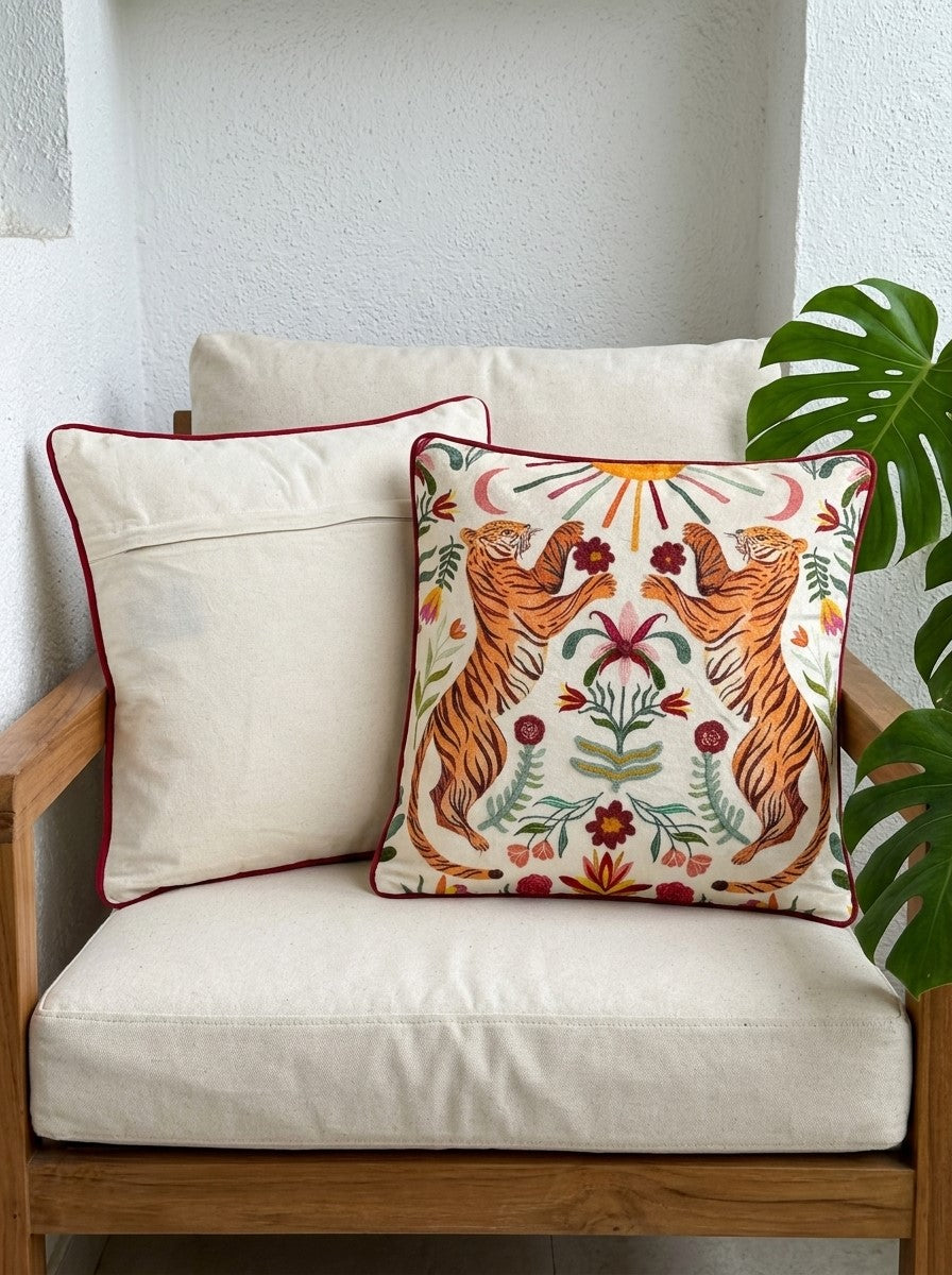 Multi Velvet Square Tiger & Floral Embroidered Cushion Cover