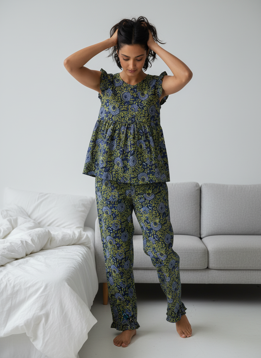 Green Round Neck Floral Print Pure Cotton Night Suit Set For Women