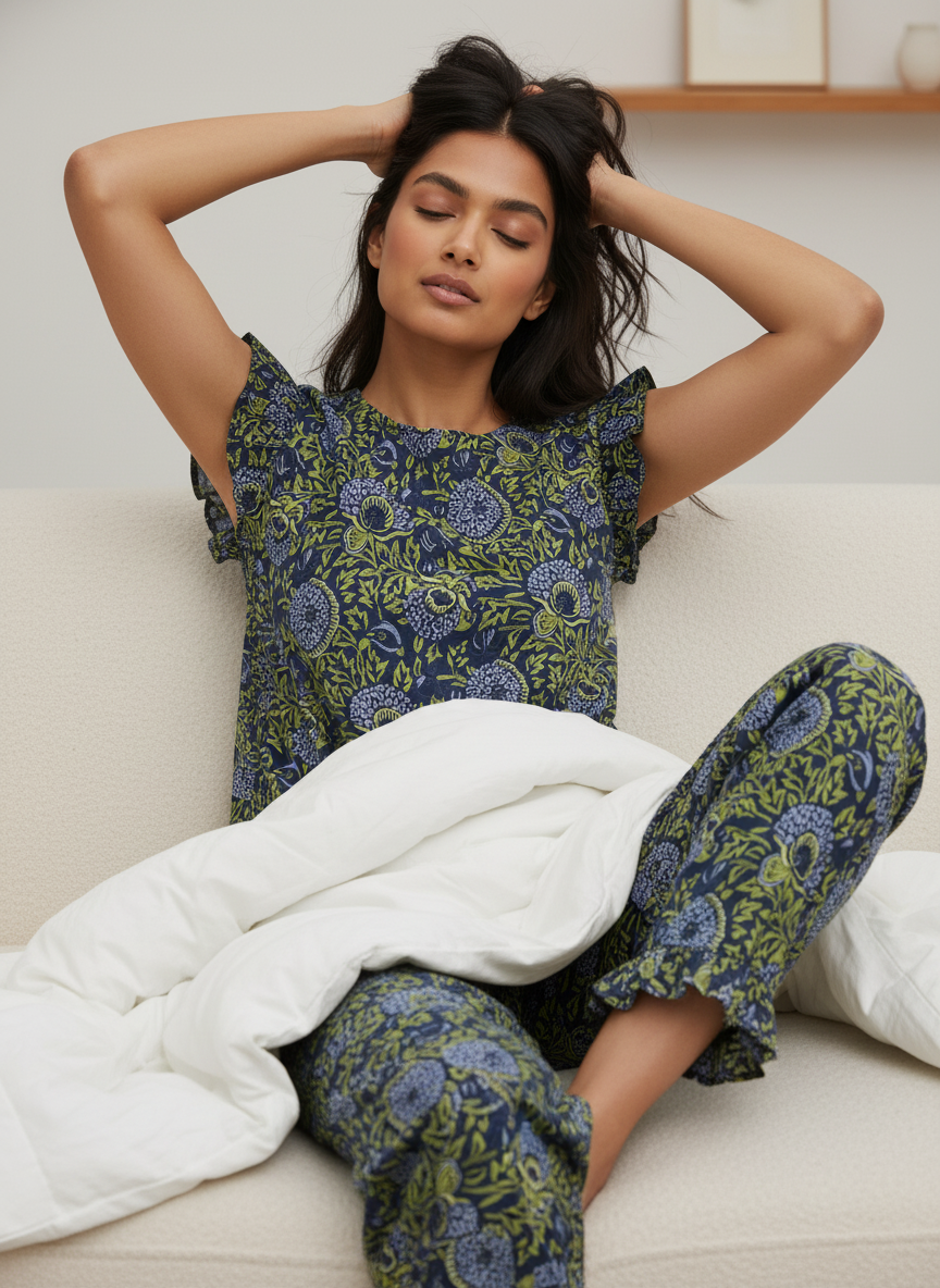 Green Round Neck Floral Print Pure Cotton Night Suit Set For Women