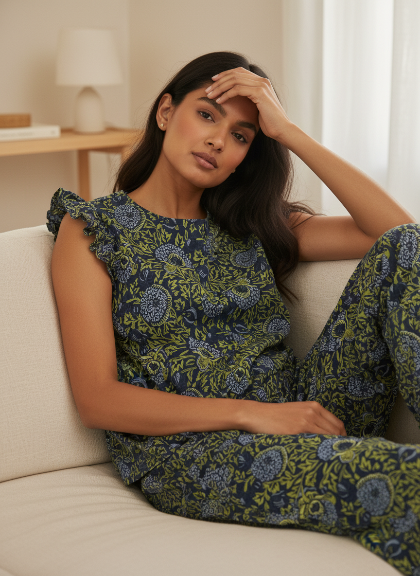 Green Round Neck Floral Print Pure Cotton Night Suit Set For Women